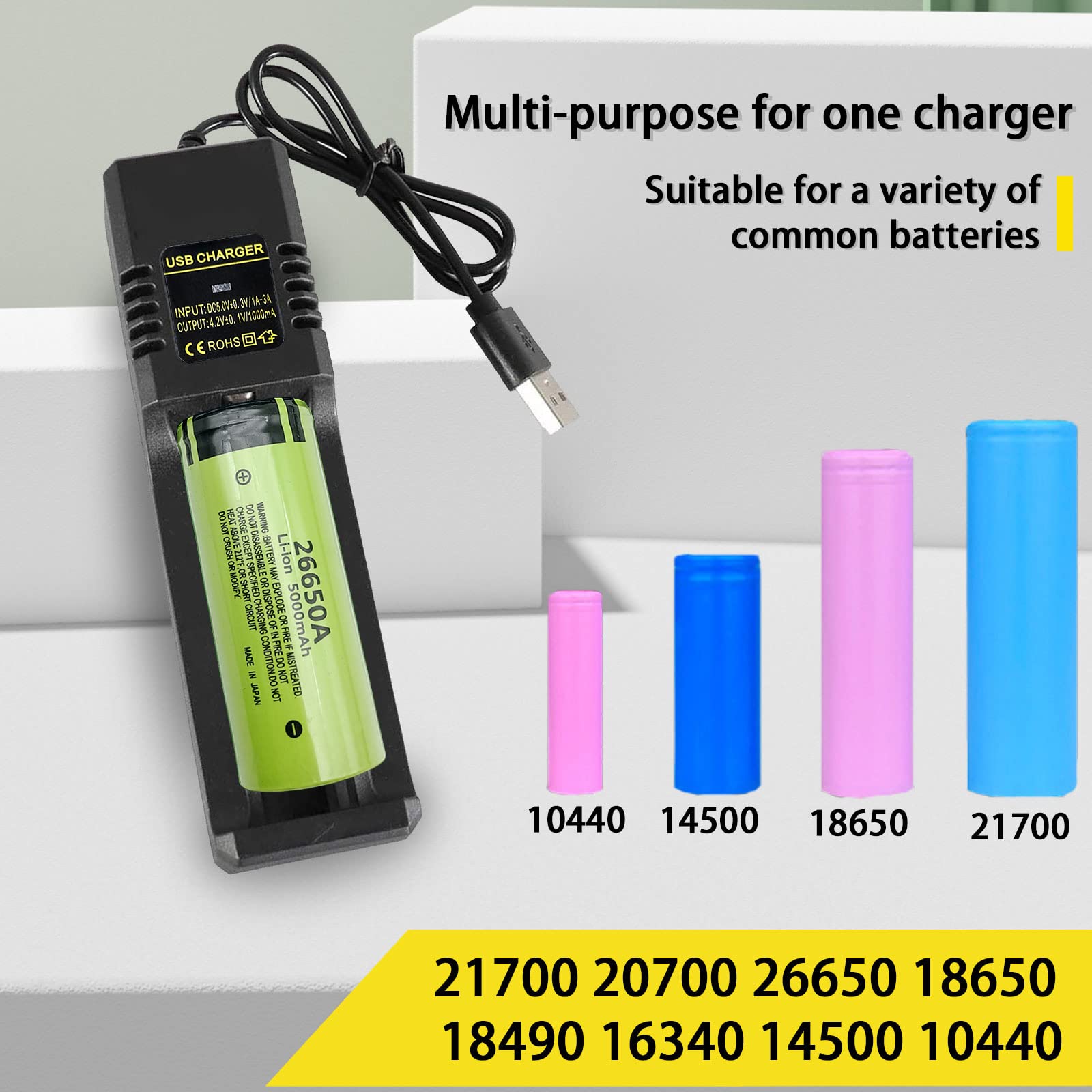 26650 Rechargeable Battery Charger - USB Single Slot Charger for 3.7V Lithium Batteries (21700, 26650, 10440, 14500, 18500, 16340, 18650) - Perfect for Flashlights, Vape Mods, and Electronic Devices