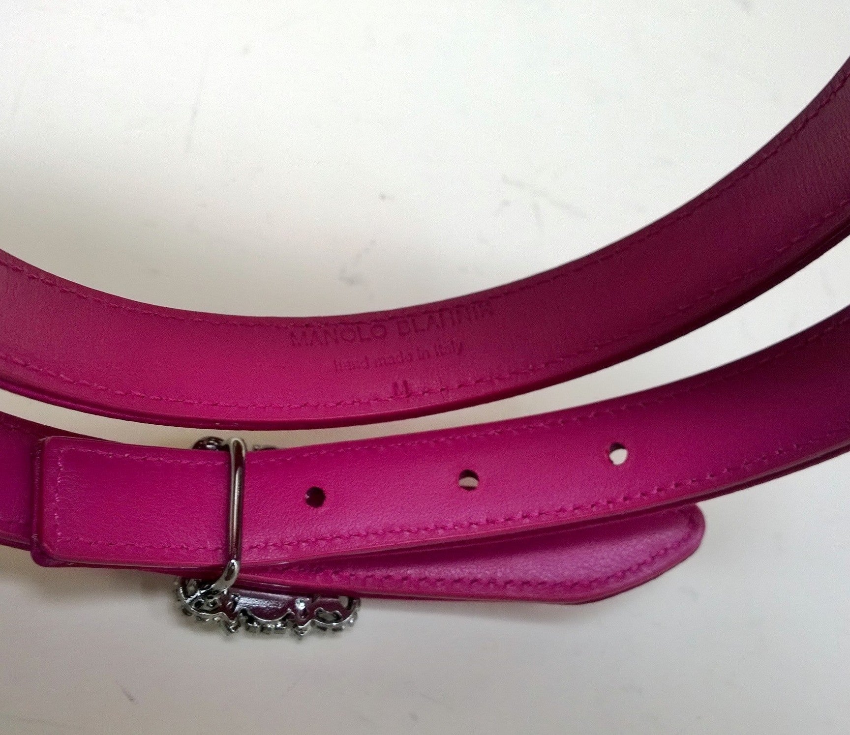 Manolo Blahnik Hangisi Mini Fuchsia Satin Rhinestone Buckle Belt 20mm - Dark Pink Women's Fashion Accessory for Parties & Special Occasions