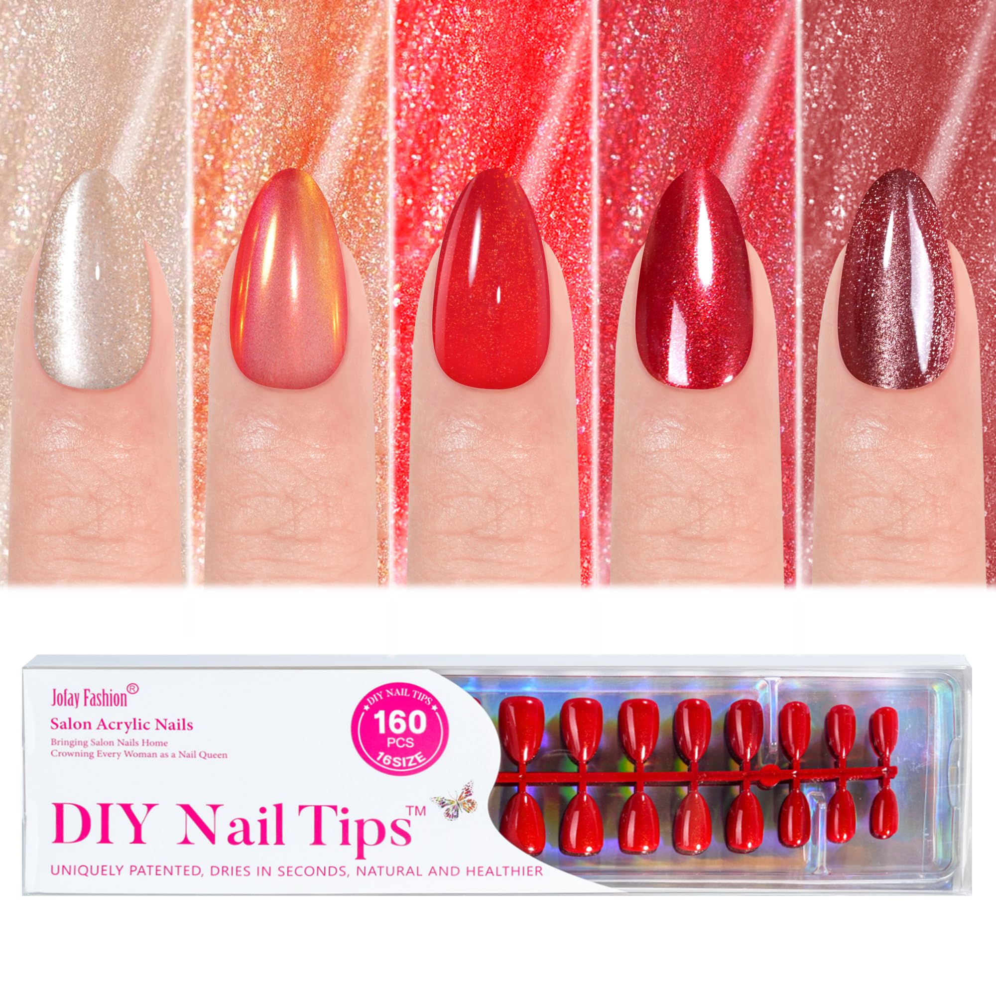 Jofay Fashion Short Almond Press on Nails - 5 Styles Valentines Red Cherry Glaze Glitter Acrylic Fake Nails, Reusable Full Cover Stick on Nails for Women, 32 Sizes - Perfect for Parties, Dates & Special Occasions