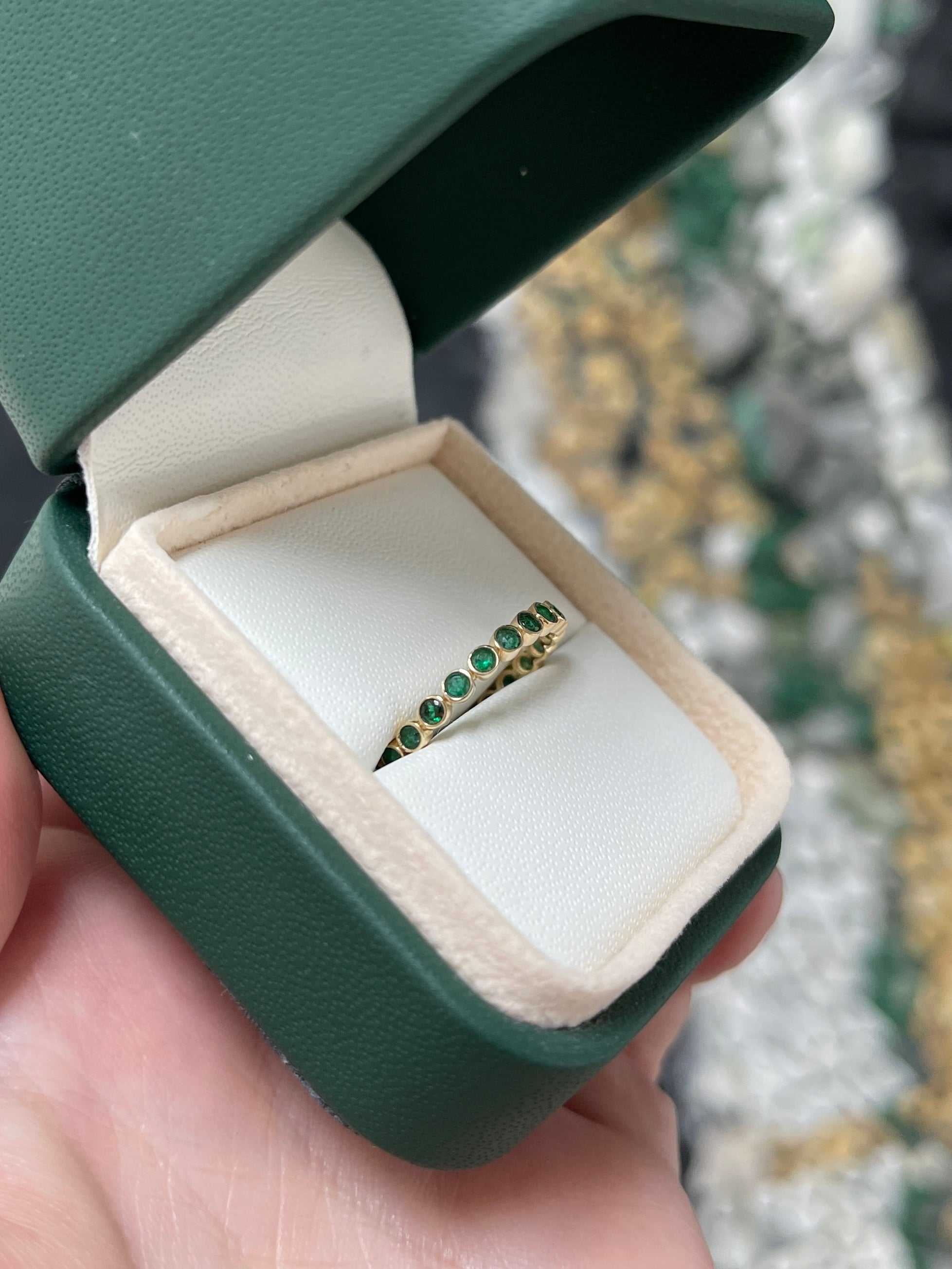 14K Gold Bezel Set Round Emerald Eternity Band Ring for Women - Wedding, Anniversary & Special Occasion Jewelry Gift