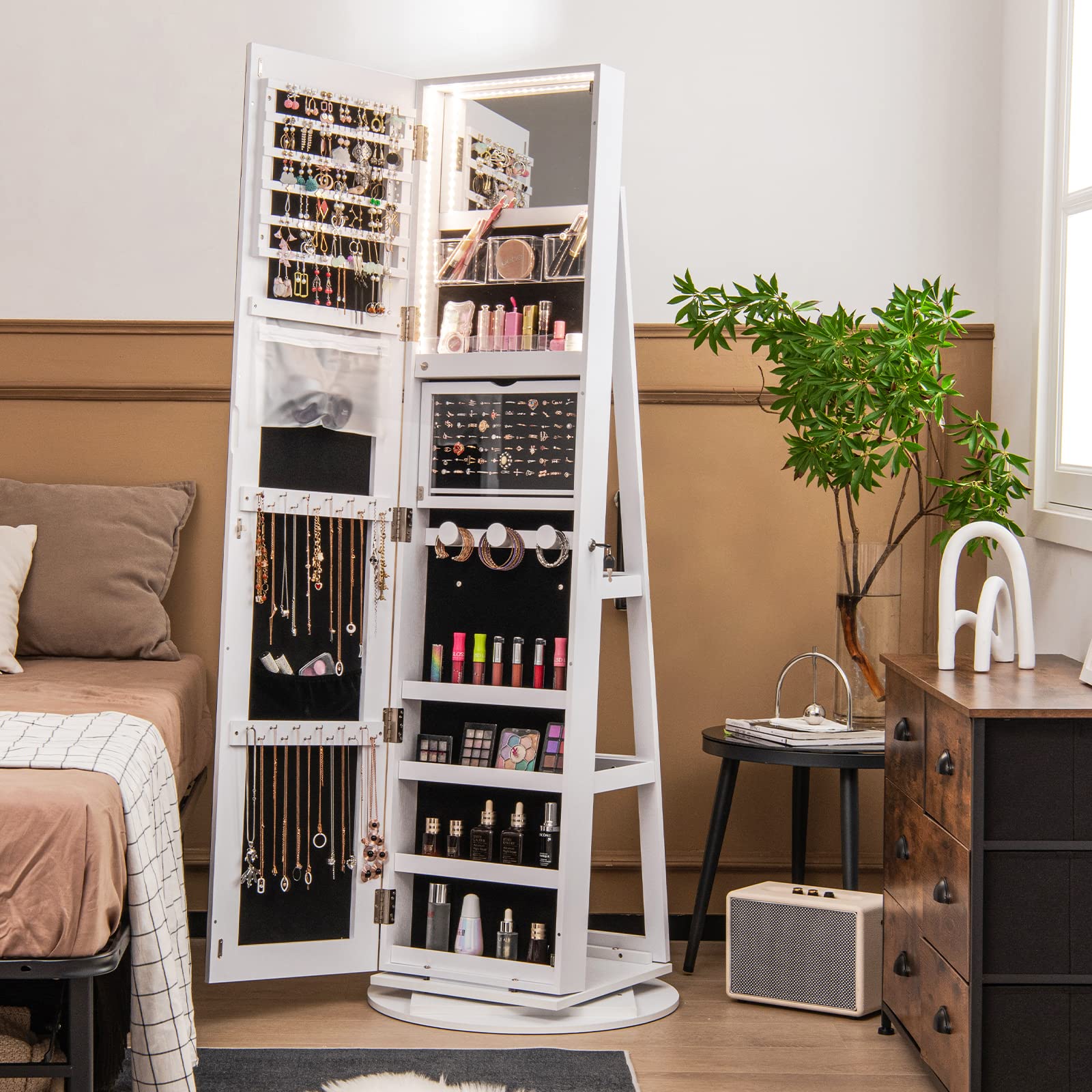 360° Swivel Jewelry Cabinet with Lock & LED Lights - Standing Jewelry Organizer with Full-Length Mirror, Rear Storage Shelves - White Jewelry Armoire for Women & Girls - Perfect for Bedroom, Dressing Room & Closet Organization