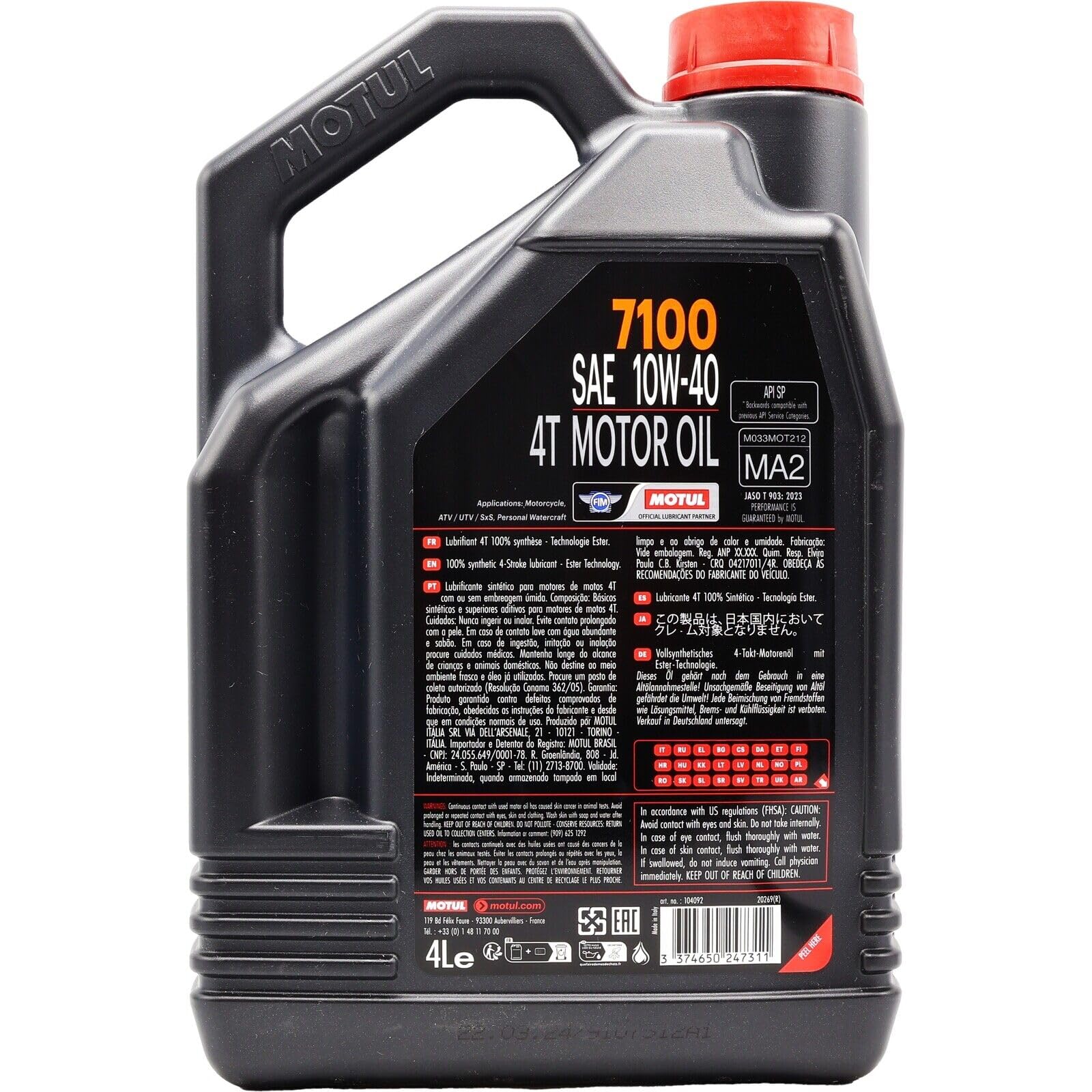 Motul 7100 4T 10W-40 Synthetic Motor Oil - 4 Pack (1 Gallon Each) for High-Performance Motorcycles & Street Bikes - Ideal for Racing, Touring & Daily Commuting