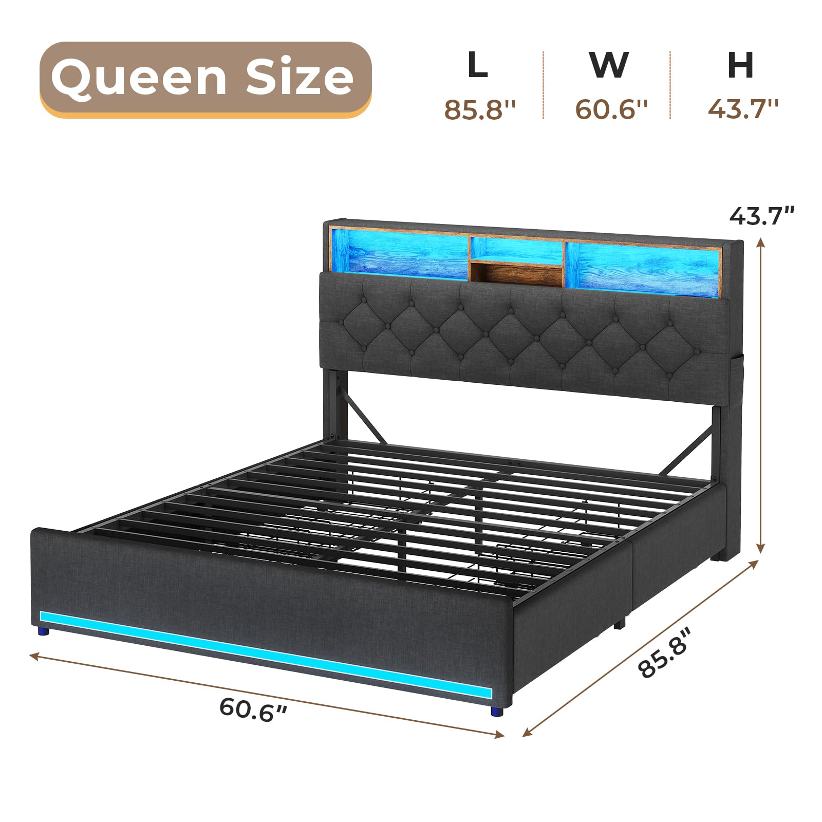Queen Size Upholstered Platform Bed Frame with Hidden Storage Headboard, 4 Drawers, LED Lights & USB Charging Station - No Box Spring Needed, Noise-Free, Dark Grey - Perfect for Small Bedrooms, Guest Rooms & Modern Apartments