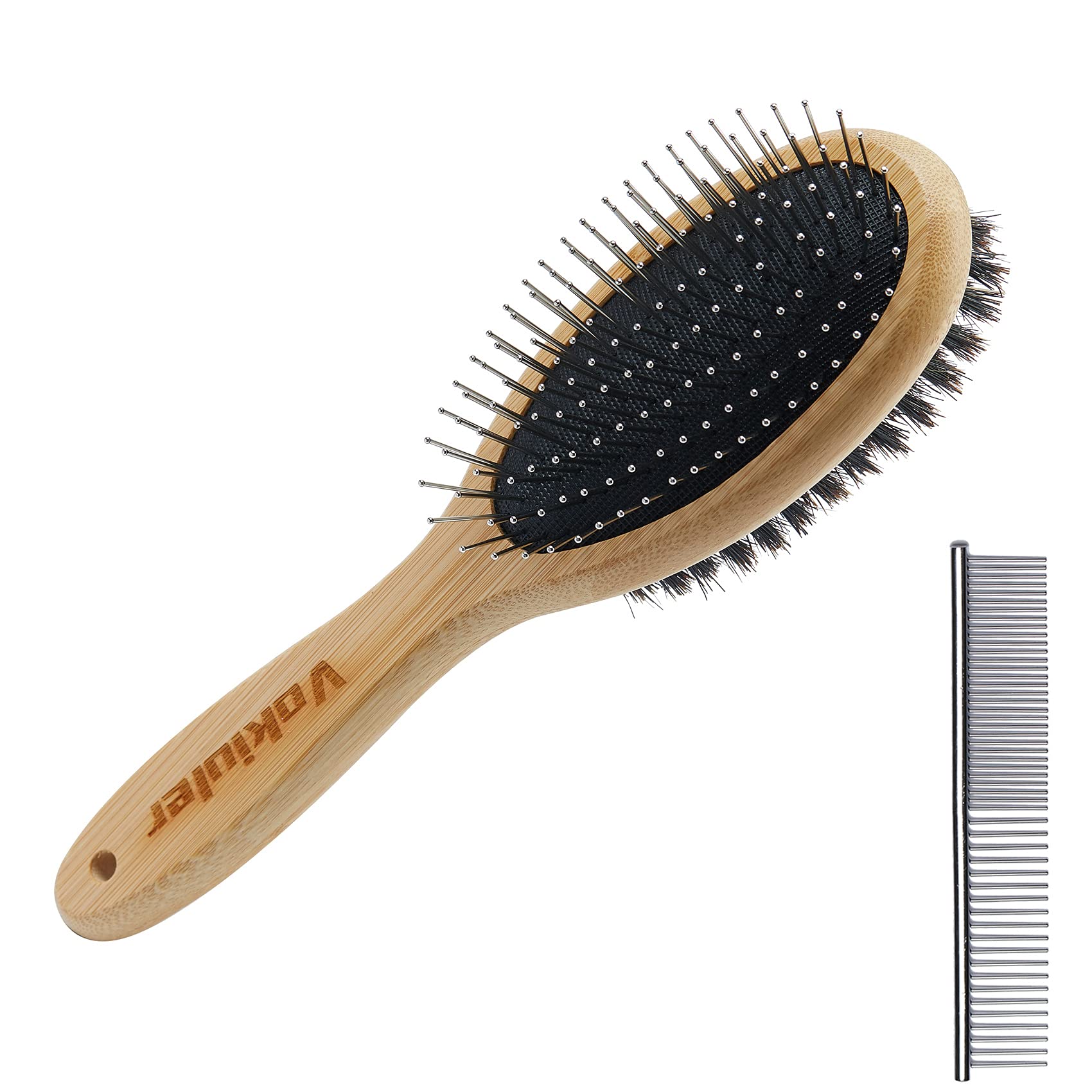 Vokiuler Double Sided Pet Brush - Boar Bristle & Pin Dog Brush for Grooming, Shedding Control for Long & Short Hair Cats & Dogs with Bamboo Handle (2 Pack, Black) - Perfect for Daily Brushing & Detangling at Home