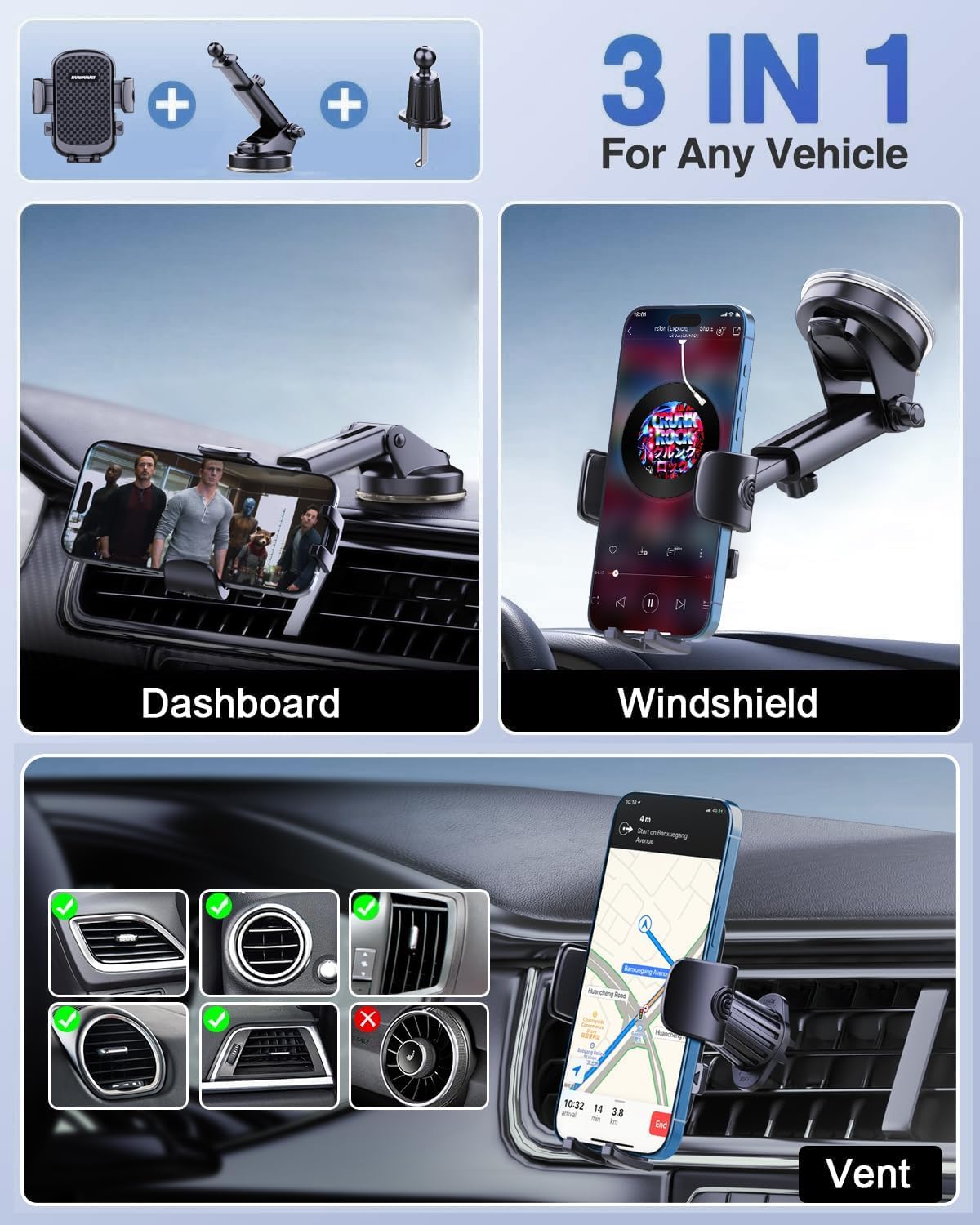 2025 Upgraded Car Phone Mount Holder - Universal Dashboard Windshield Vent Clip for iPhone 16/15 Pro Max/14/13/12/X & Samsung Galaxy S24/S23 (Works with Thick Cases) - Perfect for Road Trips, Uber/Lyft Drivers & Hands-Free Navigation