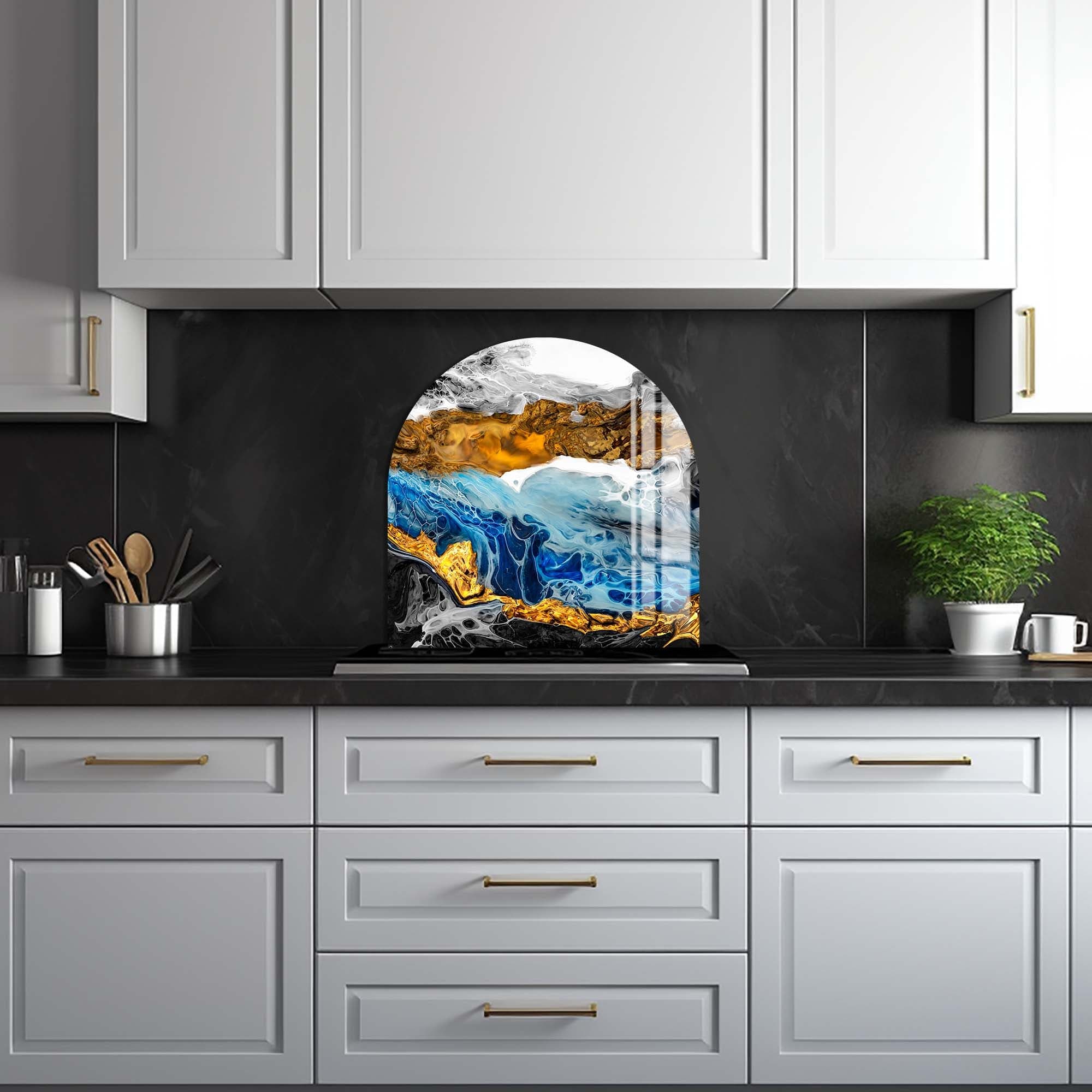Premium Gold & Blue Marble Glass Splashback - Stylish Kitchen Backsplash for Modern Homes | Perfect for Countertops, Stoves & Cooking Areas