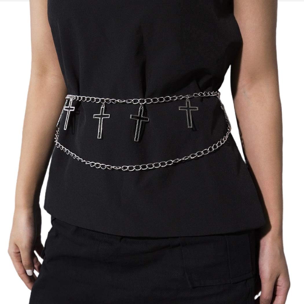 ELABEST Punk Oval Link Cross Waist Chain Belt - Stylish Body Jewelry for Women & Girls - Perfect for Parties, Concerts, and Festival Outfits