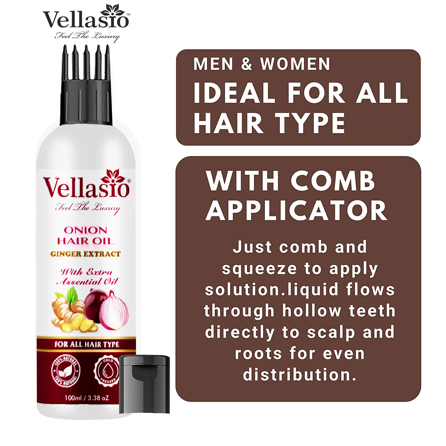 Vellasio Essence Onion Ginger Hair Oil for Hair Growth & Fall Control - Enriched with Multivitamins | Natural Hair Care Solution for Thinning Hair, Dry Scalp & Split Ends | Perfect for Daily Nourishment & Styling