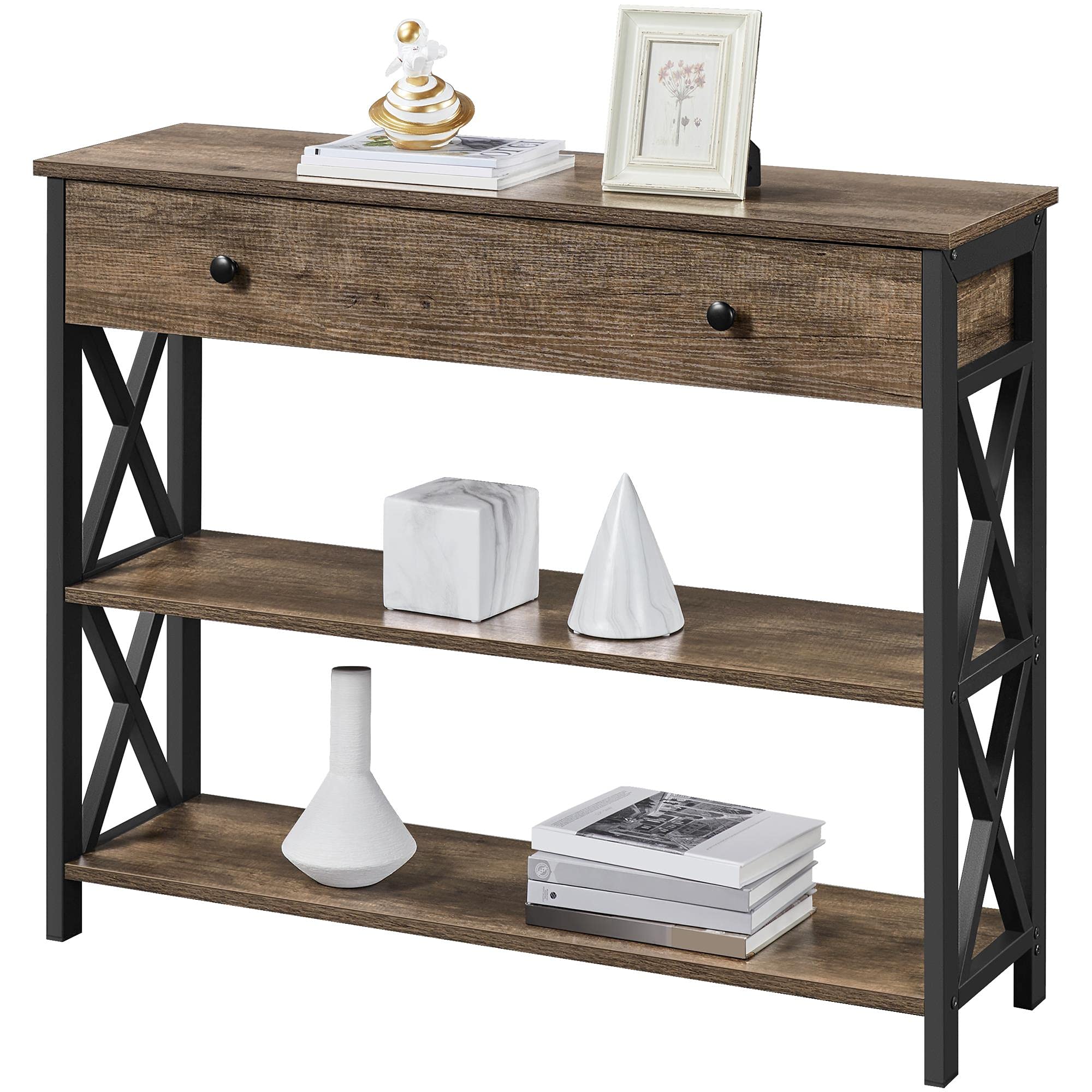 Topeakmart 3-Tier Industrial Console Table with Storage Drawer - Sturdy X-Design Sofa Table for Entryway, Hallway & Living Room - Taupe Wood Finish - Perfect for Small Spaces, Home Decor & Organization