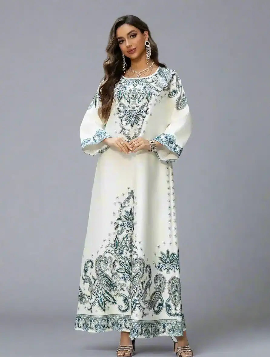 Elegant Hotfix Rhinestone Printed Caftan Kaftan Dress for Women - Eid Party Wear, Summer Beach Cover Up, Boho Maxi Dress #25425
