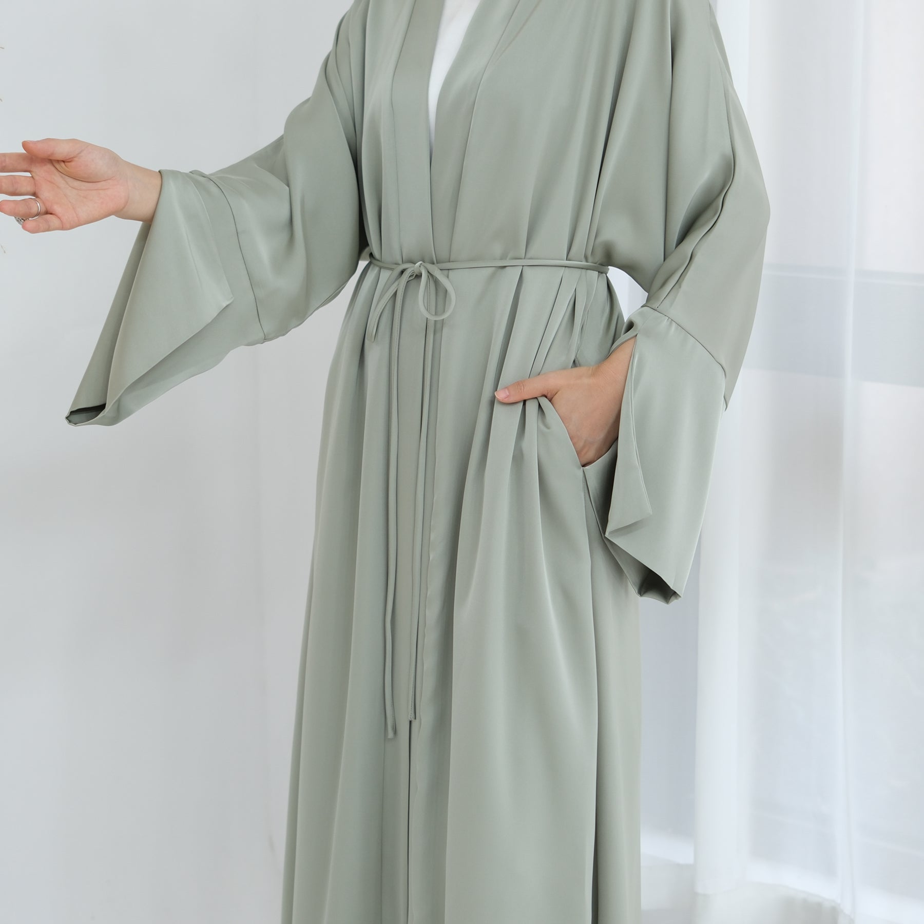Lavinia Satin Open Abaya for Women - Elegant Long Flowy Prayer Dress - Sage Green Islamic Modest Wear for Mosque, Eid & Special Occasions