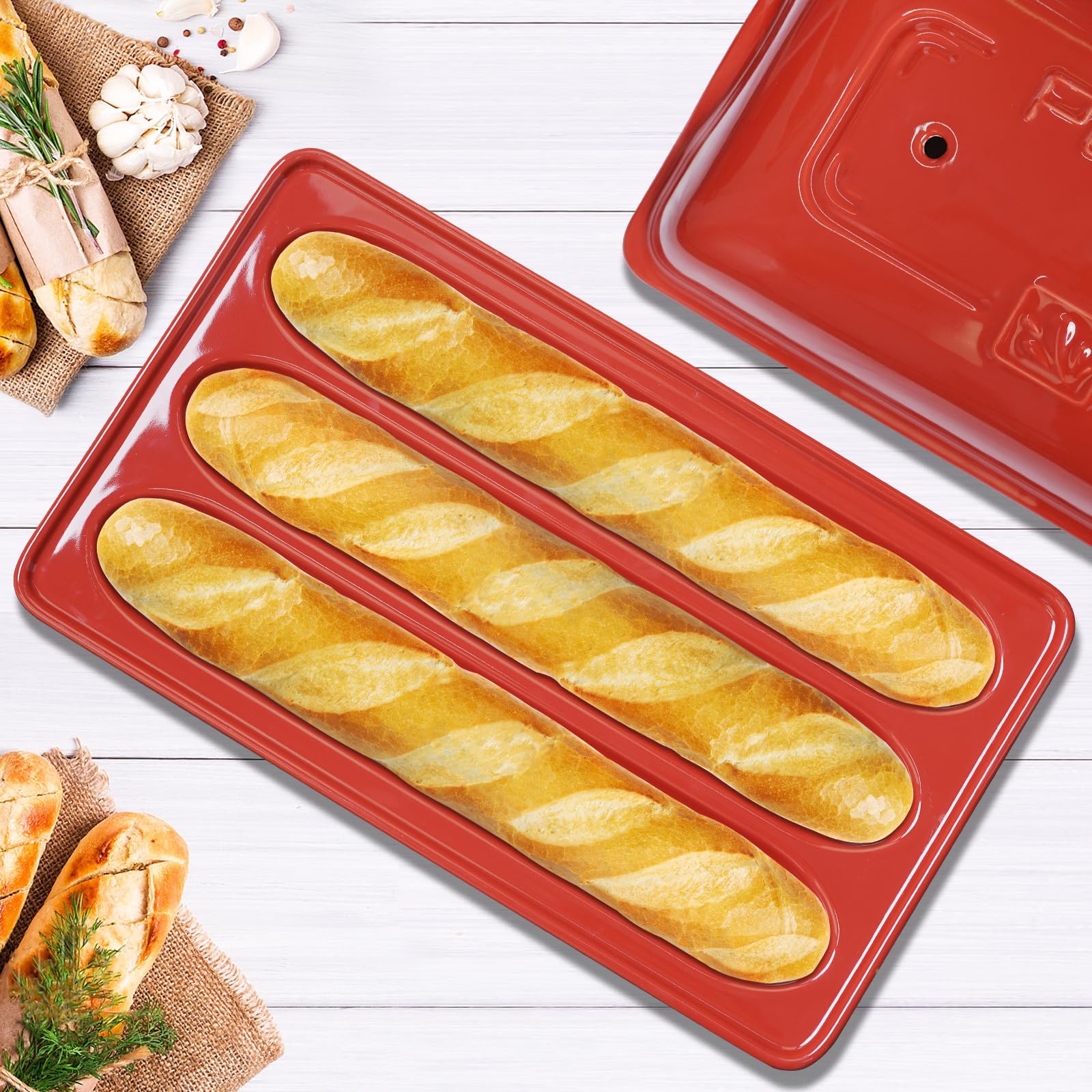 French Bread Baking Pan with 3 Independent Slots & Cover - Ceramic Rectangular Loaf Pan for Even Heating & Crispy Crusts | Perfect for Homemade Artisan Bread, Sourdough & Baguettes