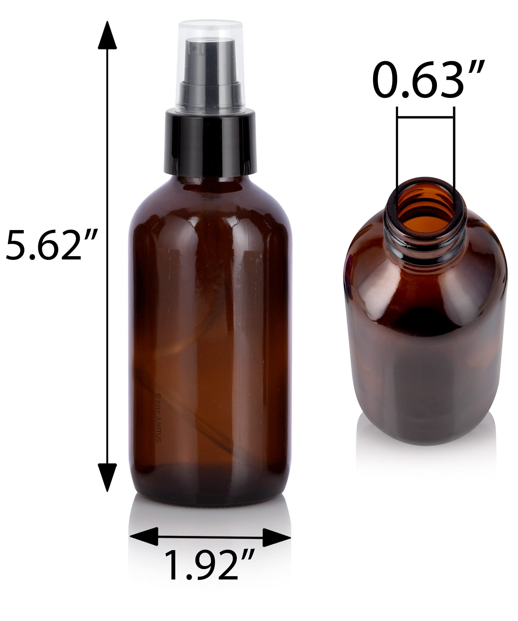 JUVITUS 4 oz Amber Glass Boston Round Bottle with Black Treatment Pump (2 Pack) + Clear Travel Bag - Essential Oil Dispenser for DIY Skincare, Hair Care & Travel Toiletries