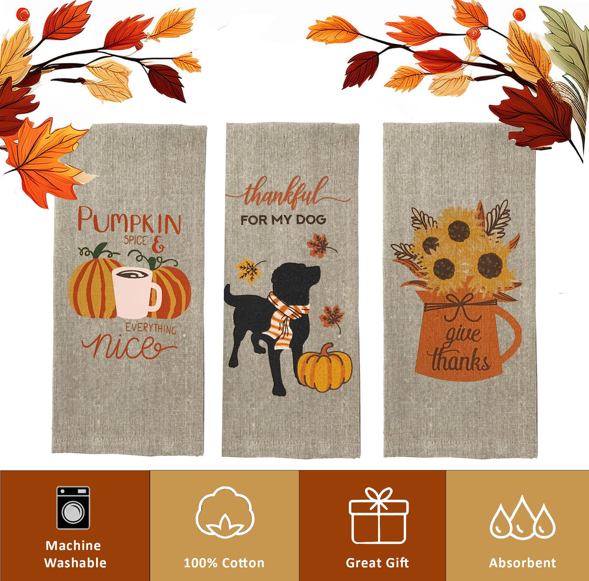 Premium Fall Kitchen Towels Set - 100% Cotton Autumn Dish Towels with Pumpkin Decor (15”x25”) for Harvest Season | Soft & Absorbent for Cooking, Baking & Holiday Decor