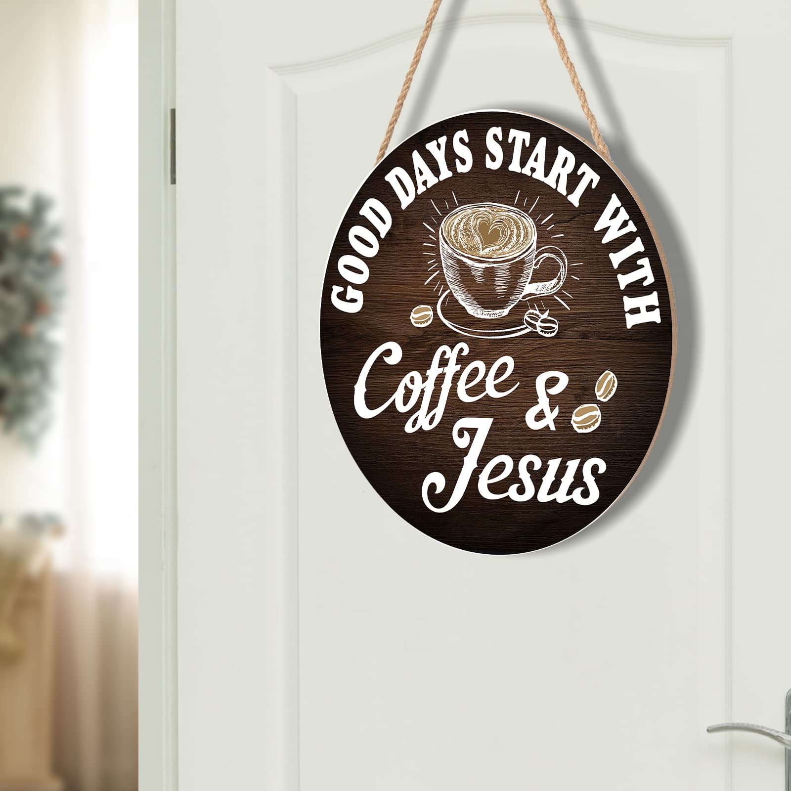 12'' x 12'' Round Wooden Coffee Sign - Rustic Coffee Bar Decor for Kitchen, Office & Coffee Lovers | Brown 'Good Days Start with Coffee & Jesus' Wall Art | Perfect for Coffee Shop, Home Decor & Gift Ideas