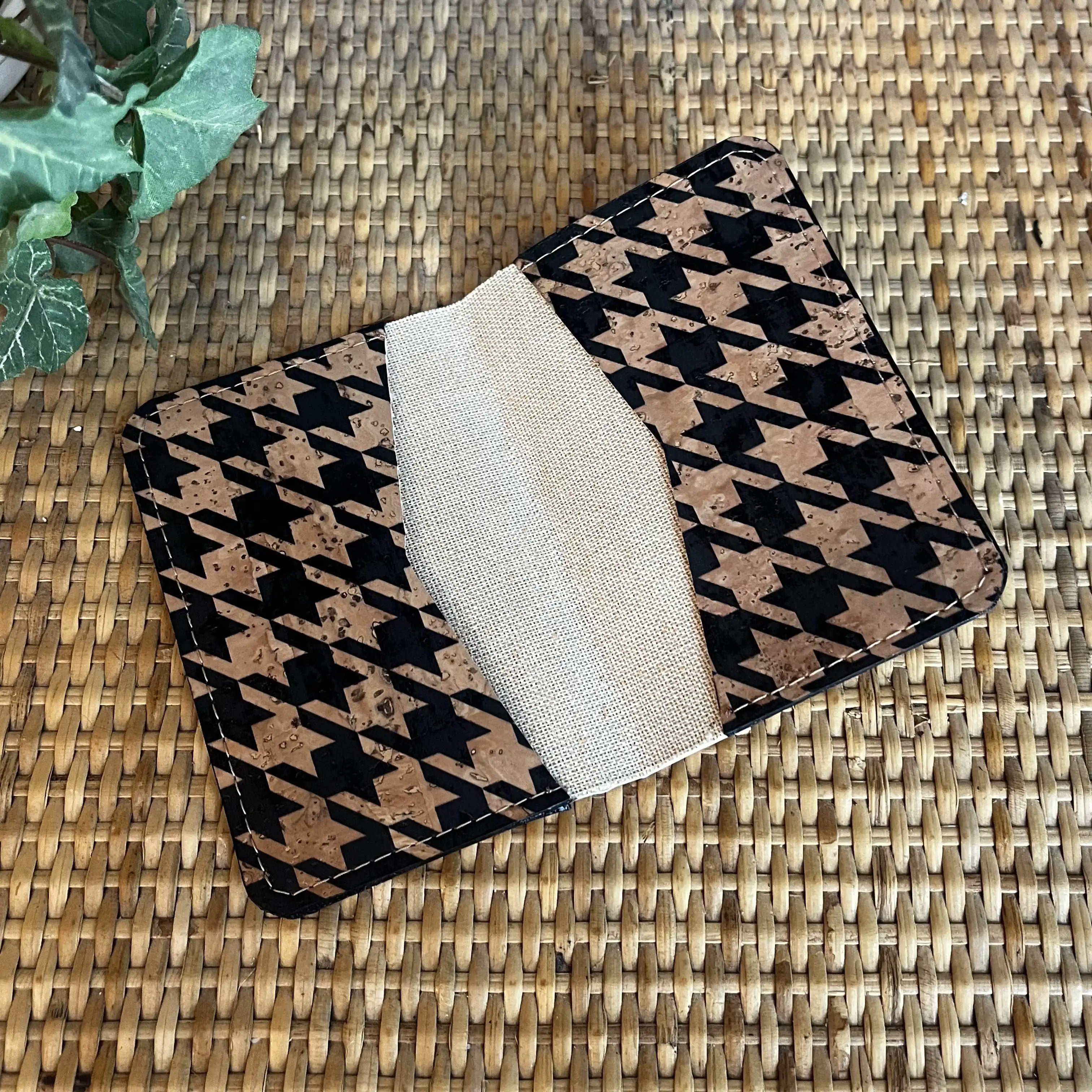 Slim Cork Card Holder Wallet - Houndstooth Pattern RFID Blocking Minimalist Wallet for Men & Women | Perfect for Travel, Business & Everyday Use