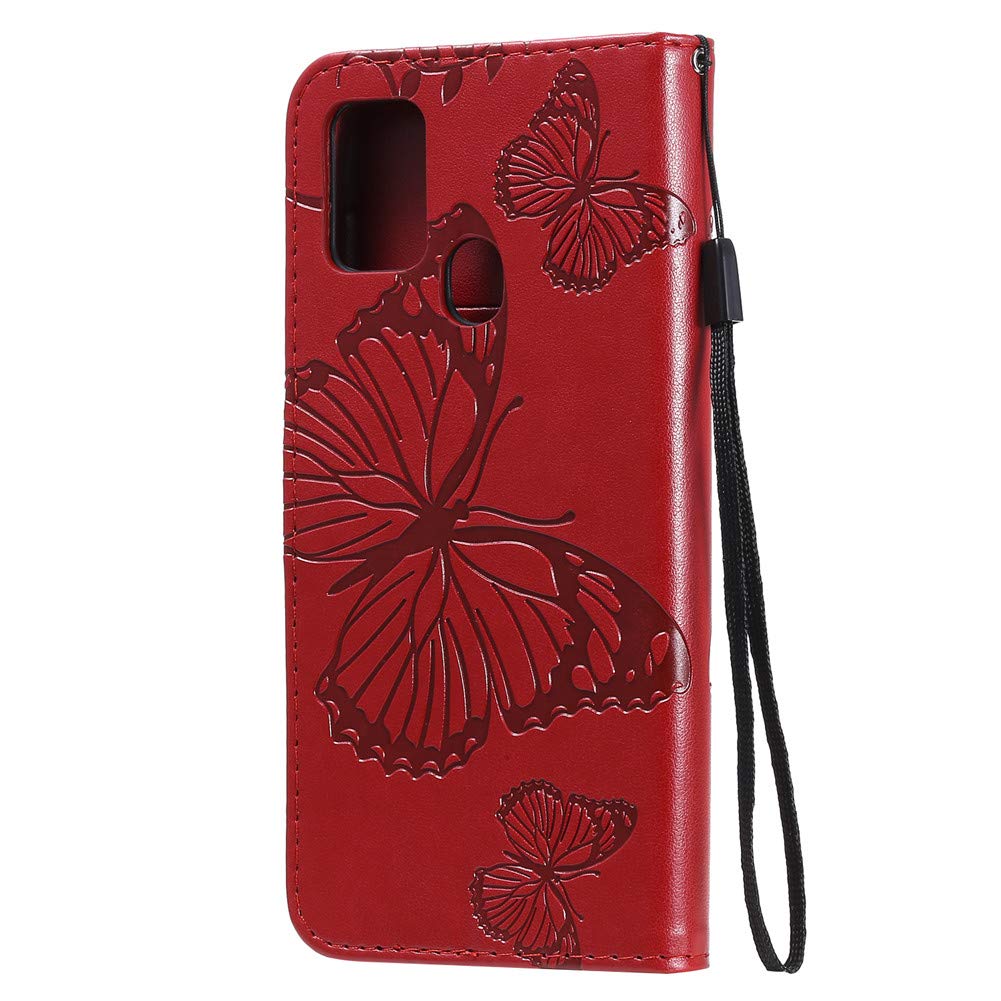 Samsung Galaxy A21S Case - Butterfly Embossed Magnetic Clasp Wallet Cover with Hand Strap | Slim Protective Phone Case for Women | Perfect for Daily Use, Travel & Work (Red)