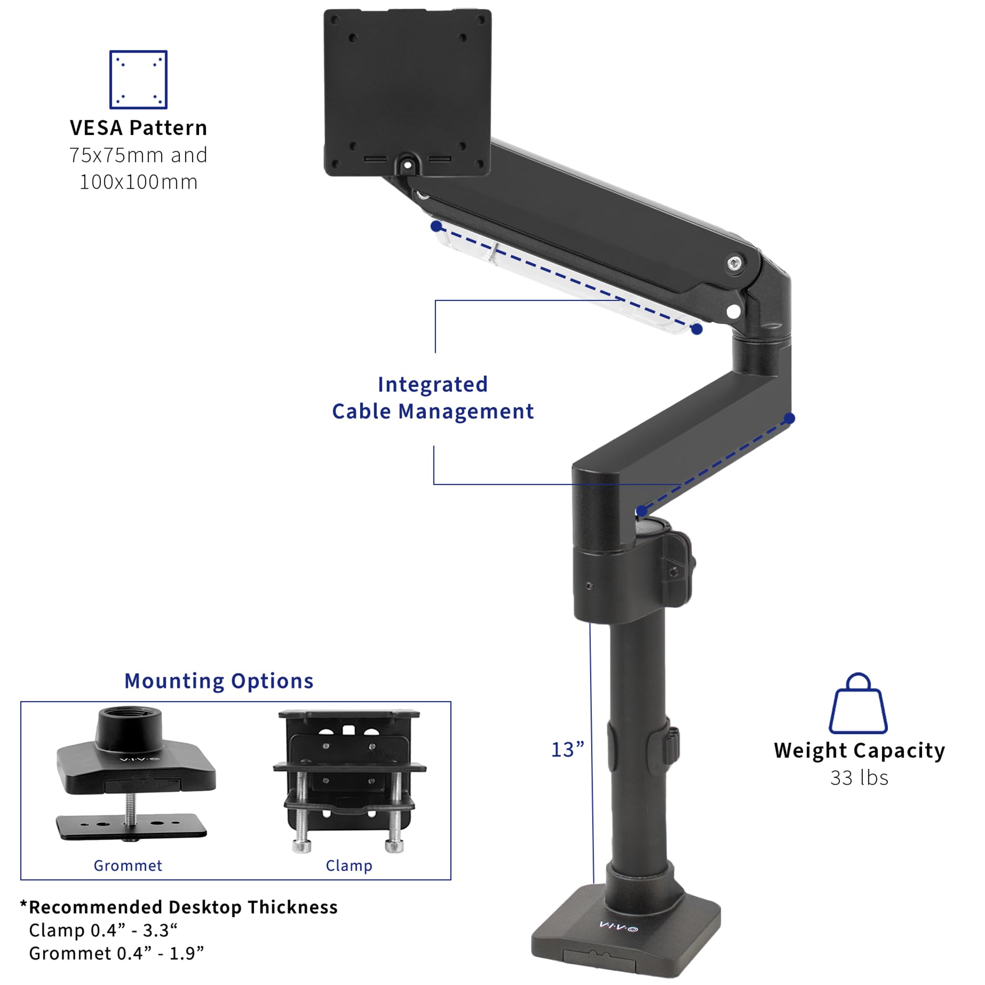 Premium Aluminum Tall Extended Monitor Arm for Ultrawide Monitors up to 49