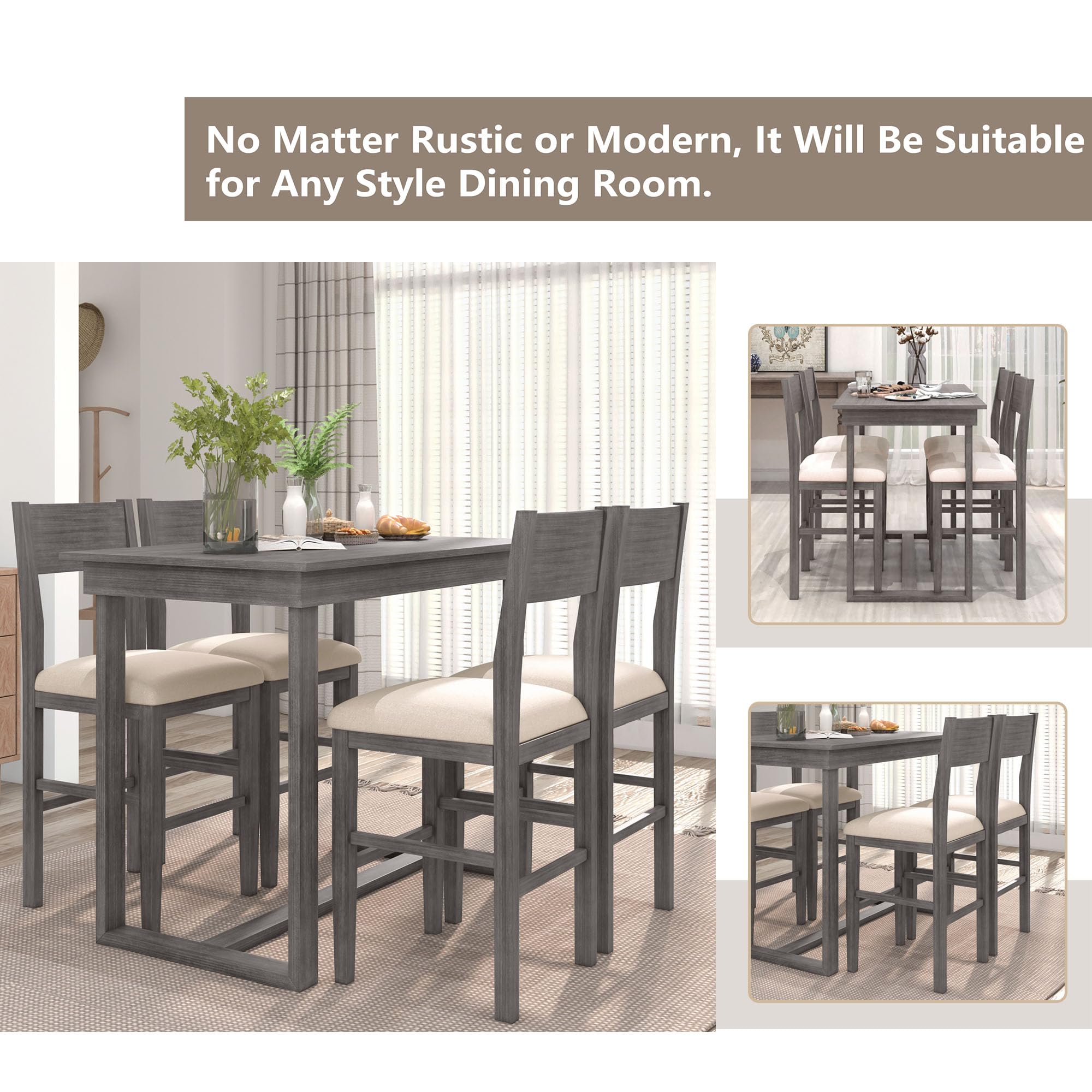 Farmhouse Style 5-Piece Counter Height Dining Set - Solid Wood Rectangular Table with 4 Chairs, Gray Wooden Kitchen Pub Bar Table for Small Spaces, Perfect for Breakfast Nooks, Compact Apartments & Cozy Dining Areas