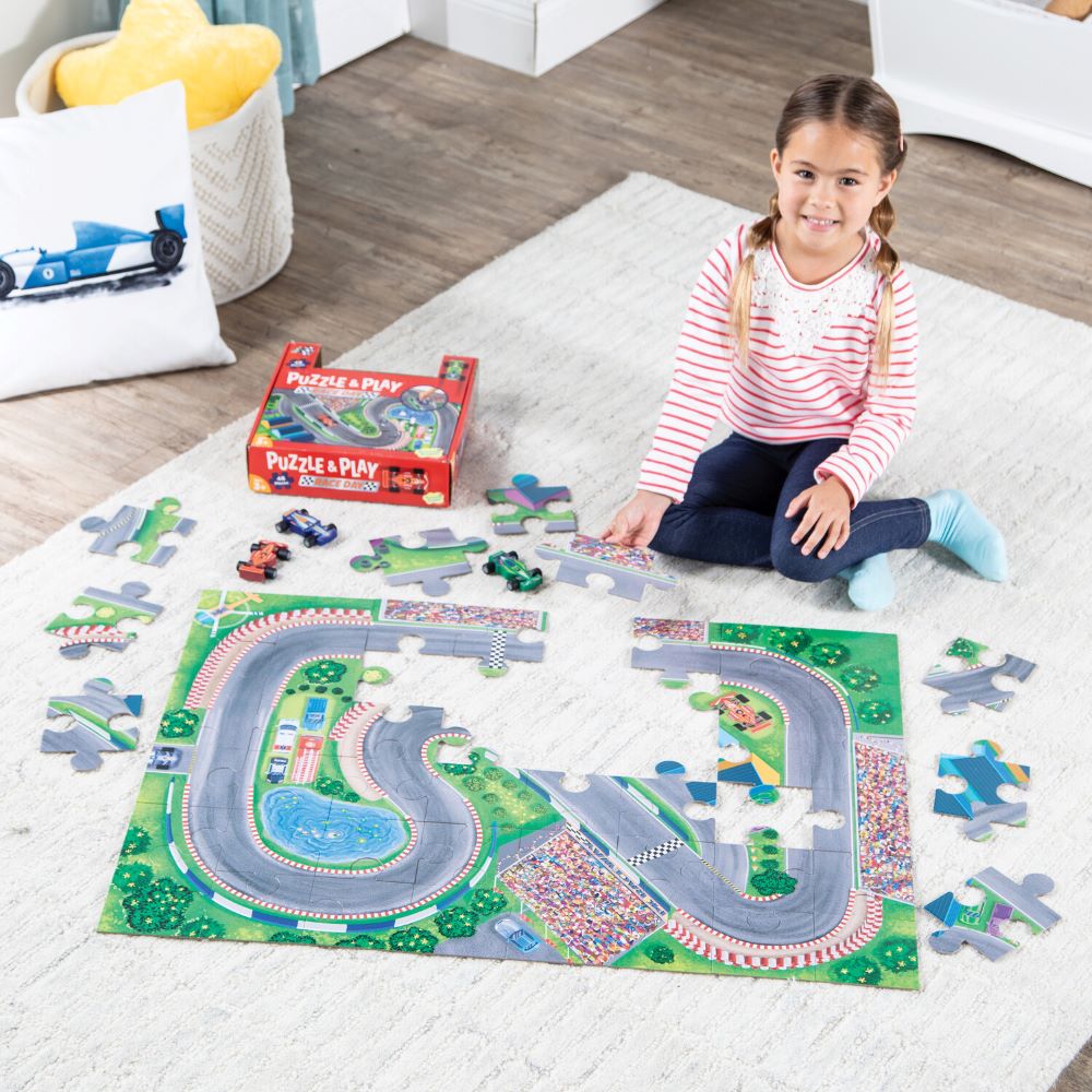 Peaceable Kingdom Puzzle & Play Race Day - Fun Kids Educational Puzzle Game for Family Game Night & Learning Activities