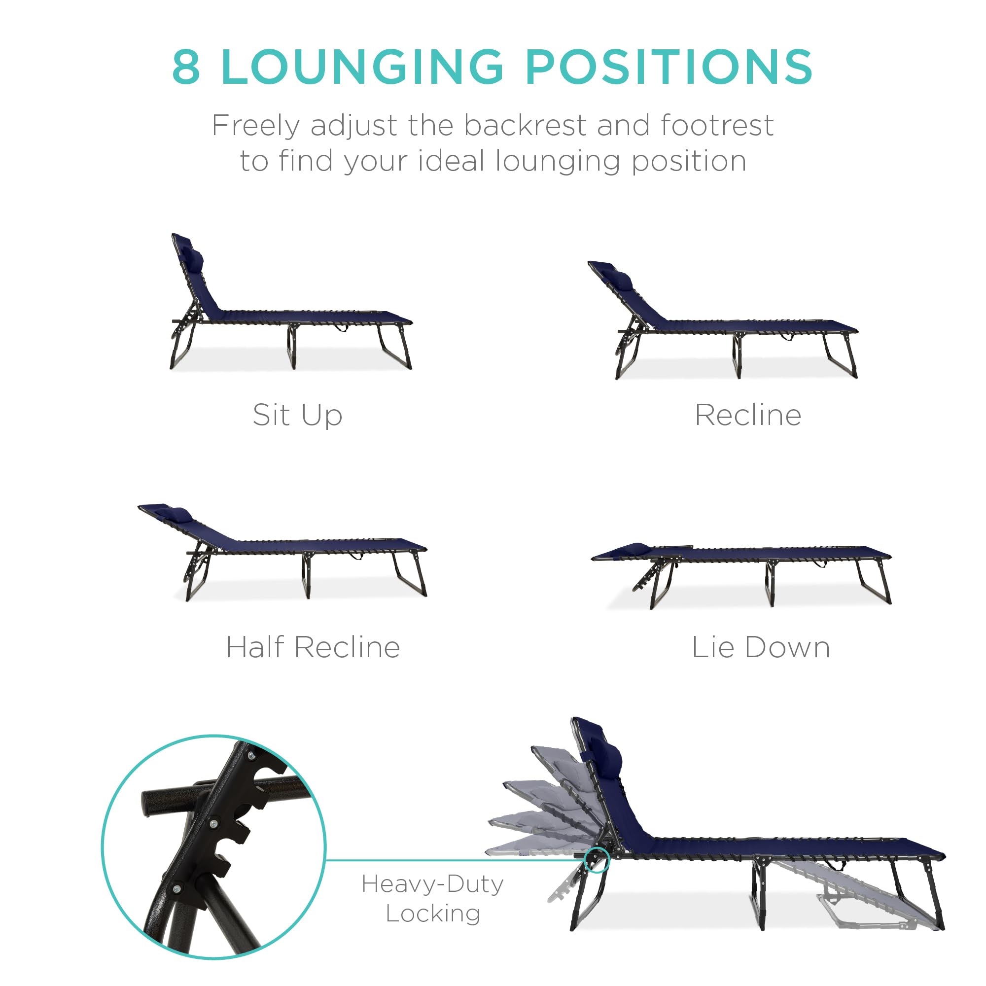 Best Choice Products Patio Chaise Lounge Chair - Portable Outdoor Folding Recliner with 8 Adjustable Positions & 300lb Weight Capacity - Perfect for Backyard, Poolside, Beach & Camping - Navy Blue
