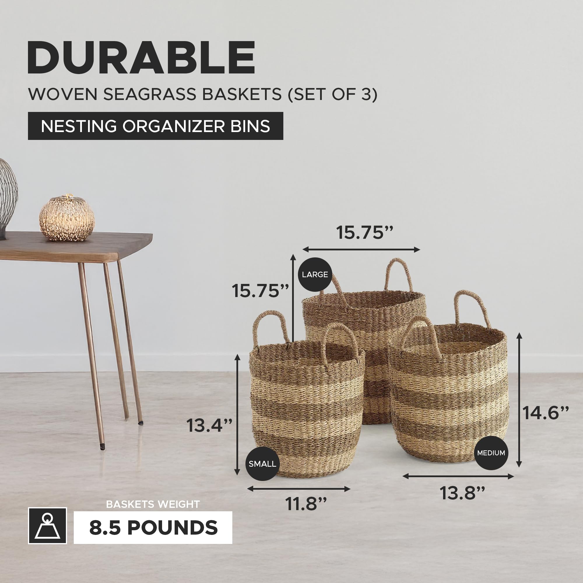 Natural Woven Storage Baskets Set of 3 - Camden Style Nesting Organizer Bins for Home Decor | Perfect for Living Room, Bedroom & Bathroom Organization