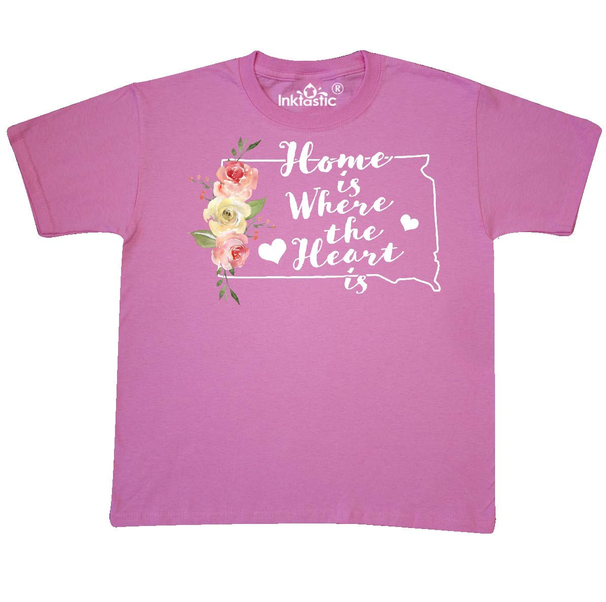 Inktastic South Dakota Home is Where The Heart is Watercolor Graphic Youth T-Shirt - Soft Cotton Tee for Boys & Girls, State Pride Apparel, Casual Wear & Family Outings
