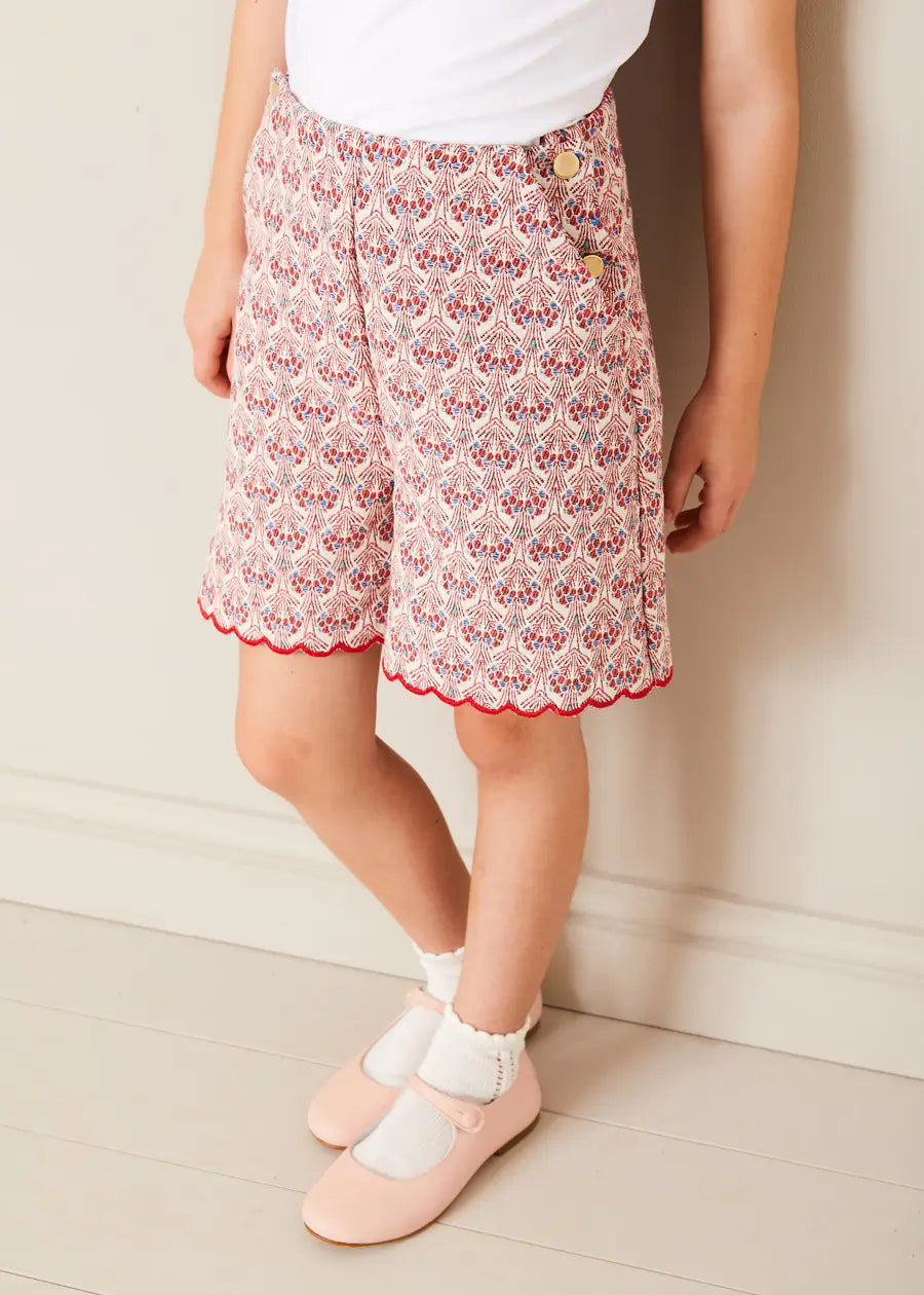 Red Iris Jacquard Button Detail Shorts for Kids (4-12 Years) - Perfect for Summer Outfits, Playdates & Casual Wear
