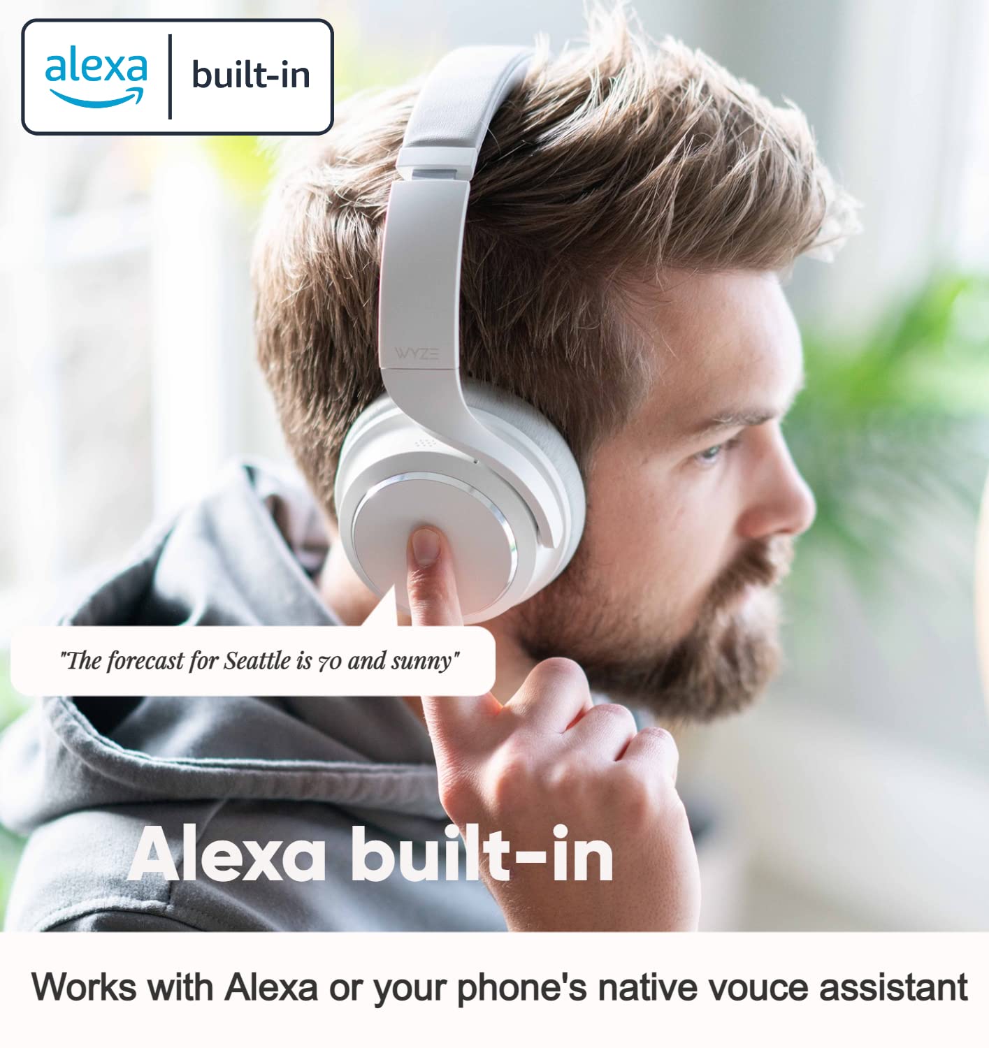 WYZE Wireless Over-Ear Bluetooth Headphones with Active Noise Cancellation - White | Travel Headphones with Transparency Mode, Clear Voice Pickup & Alexa Built-in | Includes Hard Case for Airplane, Commuting & Office Use