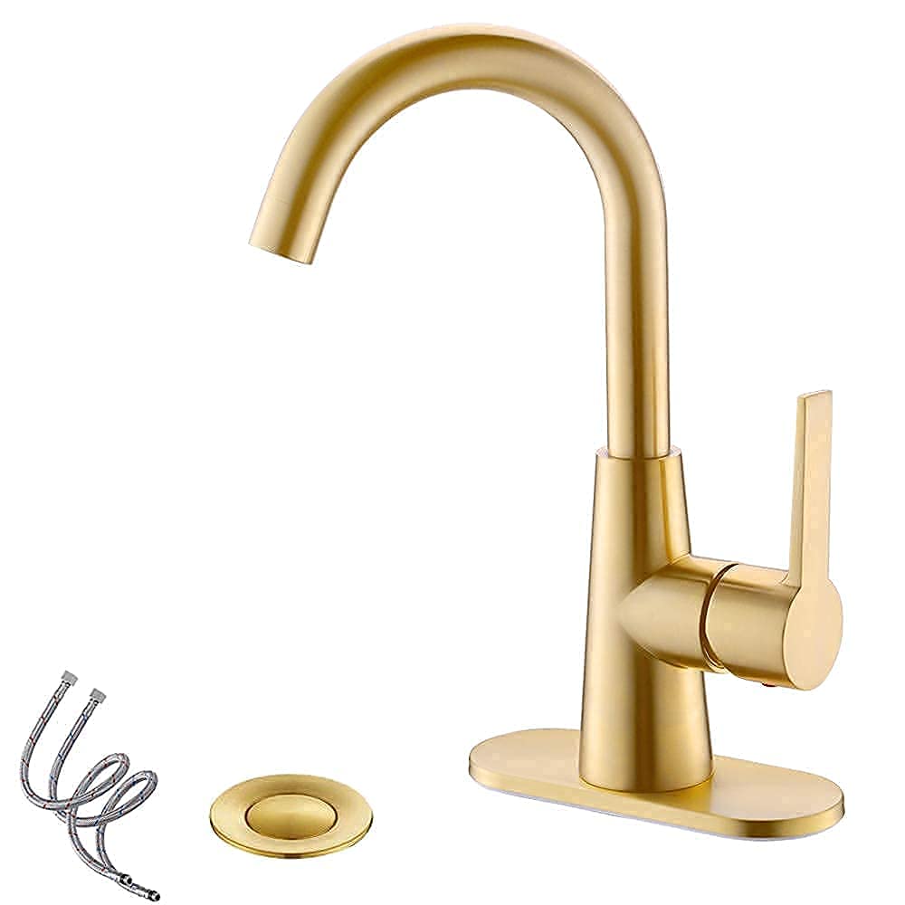 Brushed Gold 4 Inch Center Bathroom Sink Faucet with Deck Plate & Supply Hoses - Bar Sink Faucet & Pre-Kitchen Faucet by Phiestina | Perfect for Small Bathrooms, Wet Bars & Prep Sinks