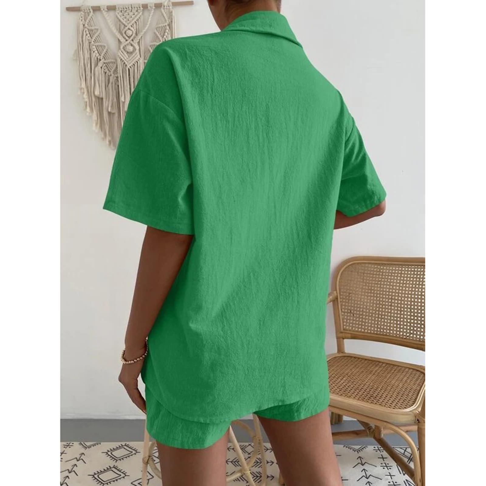 Women's 2-Piece Cotton Linen Outfit Set - Button Down Shirt with Shorts | Comfortable Lounge Wear, Beach Vacation & Travel Clothes for Summer