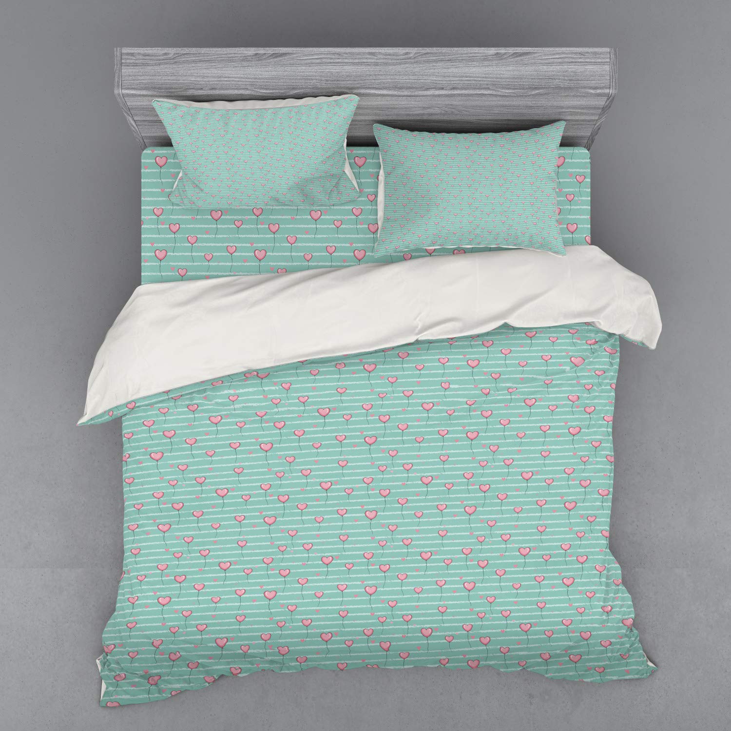 Lunarable Romantic Duvet Cover Set - Heart Balloons on Vertical Striped Background Valentine's Day Love Design, 4-Piece King Size Bedding Set with Shams & Fitted Sheet in Pink & Seafoam | Perfect for Valentine's Day Gifts, Anniversary Presents & Couples Bedroom Decor