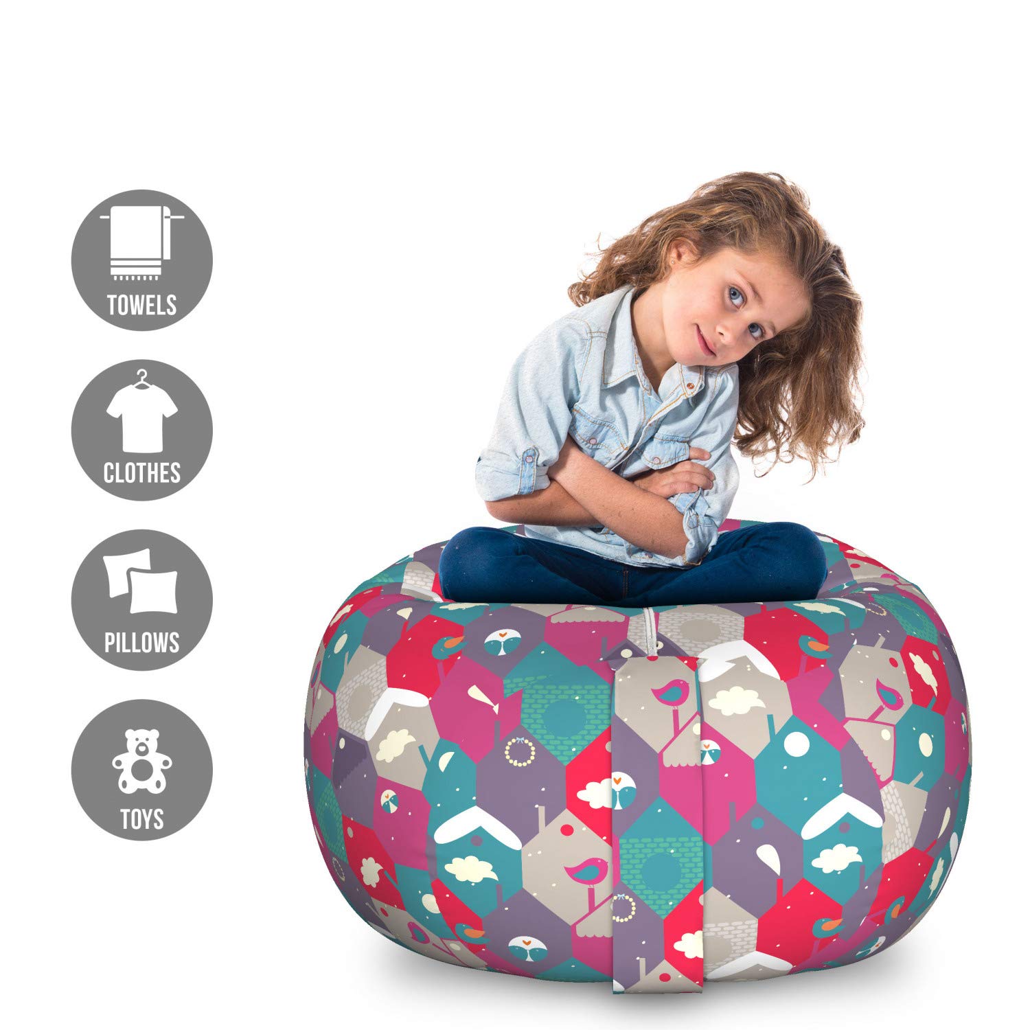 Ambesonne Large Washable Winter Storage Toy Bag Chair - Pastel Hexagon & Cityscape Bird Design, Stuffed Animal Organizer for Kids' Room, Playroom & Nursery Organization (Multicolor)
