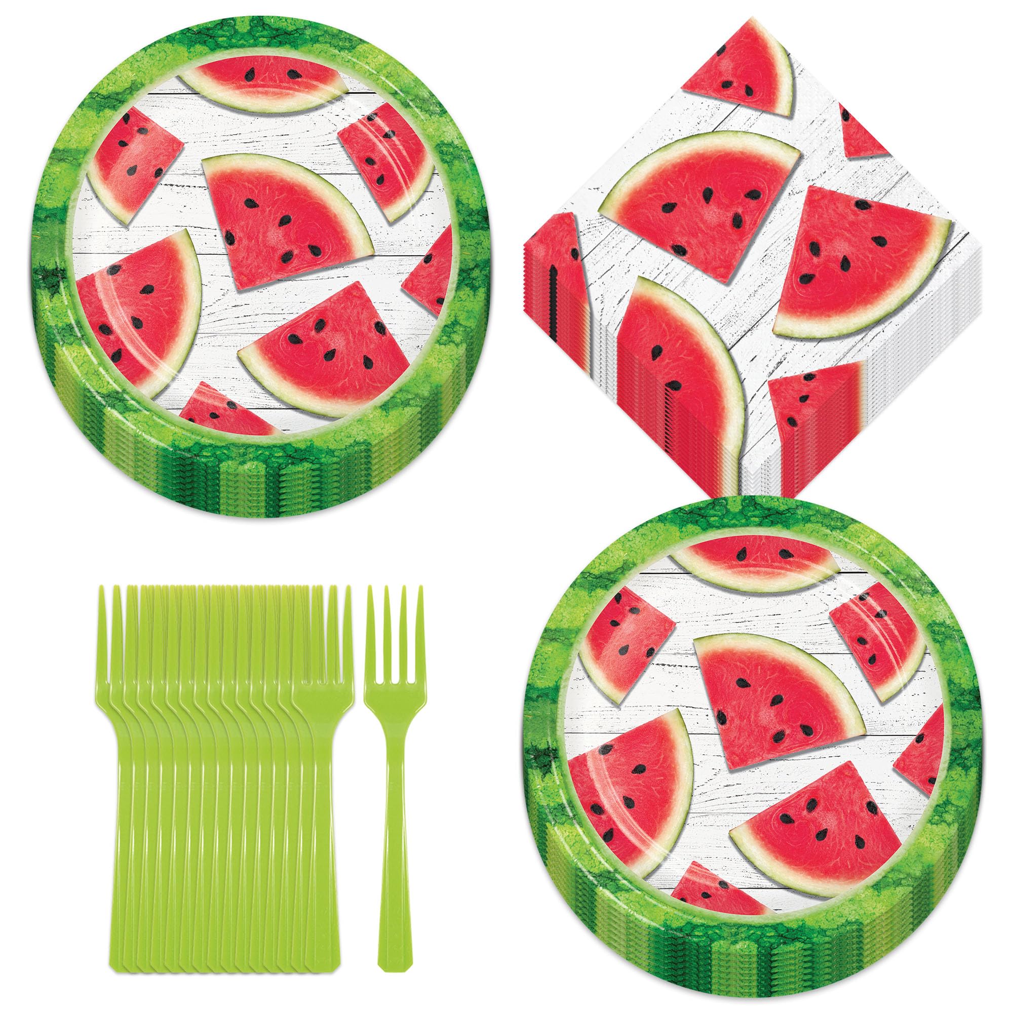 Watermelon Themed Party Supplies - 16 Pack Summer Red Melon Slice Paper Plates, Beverage Napkins & Forks Set - Perfect for BBQs, Picnics, Birthday Parties and Summer Celebrations