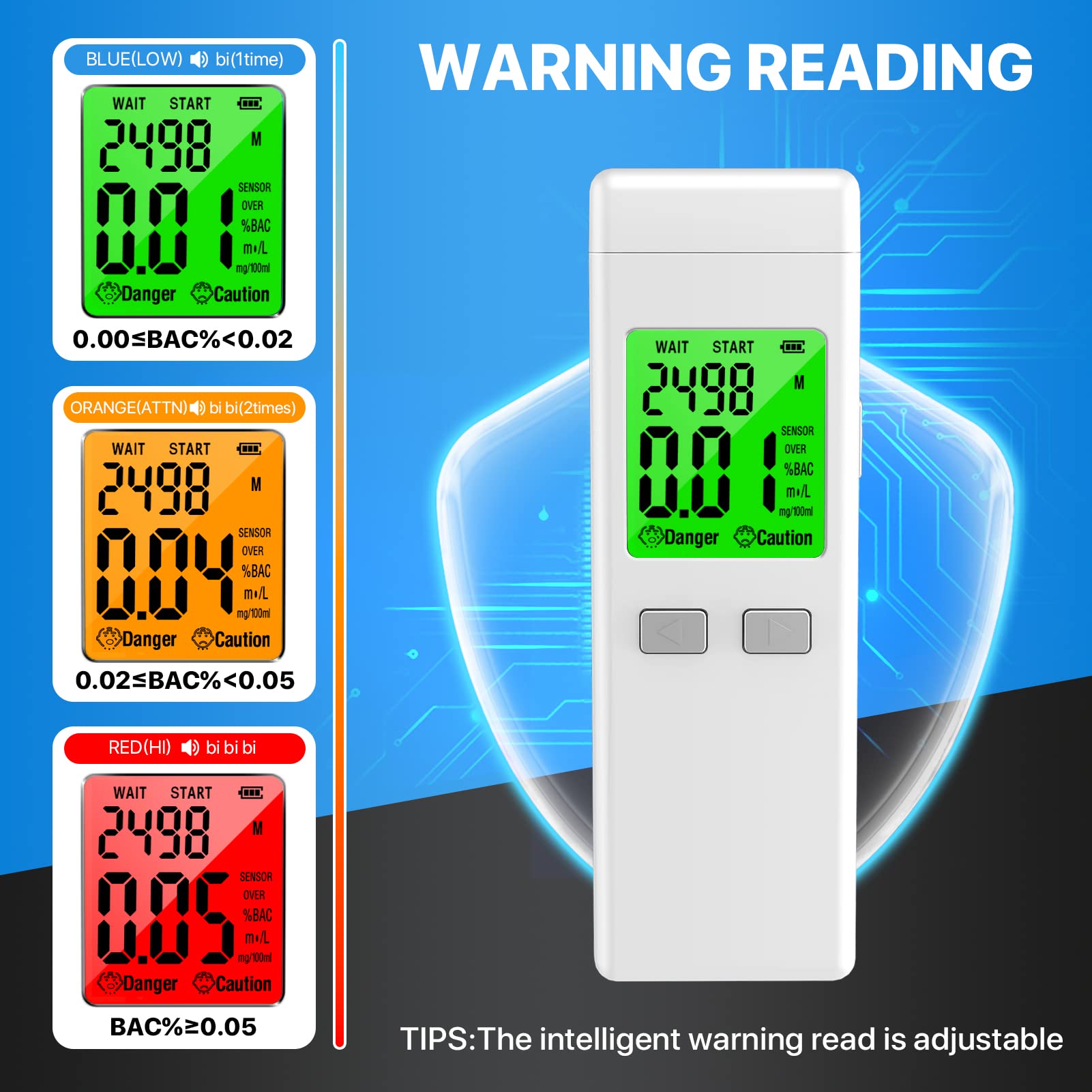 Professional Breathalyzer Alcohol Tester - High Accuracy BAC Detector with Memory Recall & Alarm Function - Includes 10 Disposable Mouthpieces (White) - Perfect for Personal Safety, Workplace Testing & Law Enforcement Use