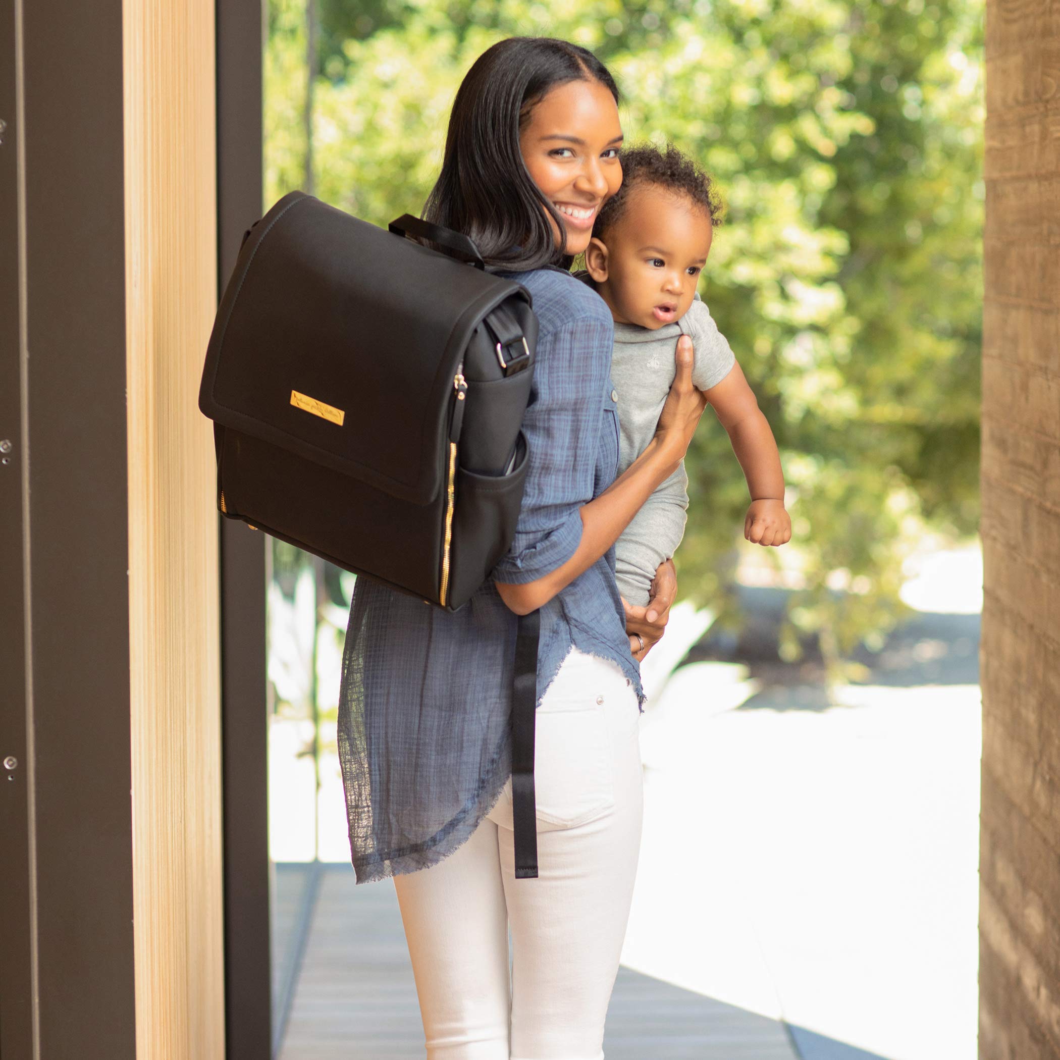 Petunia Pickle Bottom Boxy Backpack Diaper Bag - Stylish Spacious Baby Bag for On-the-Go Moms, Black Leatherette - Perfect for Travel, Daycare & Everyday Use