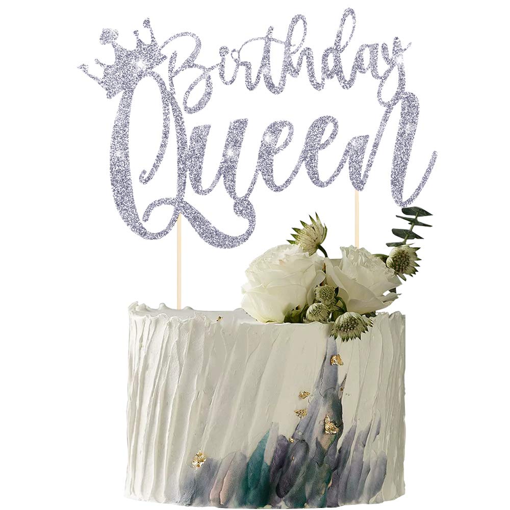 Handmade Glitter Queen Birthday Cake Topper - Silver Happy Birthday Cake Bunting Decor for Party Supplies | Perfect for Birthday Cakes, Cupcakes, and Dessert Table Decorations