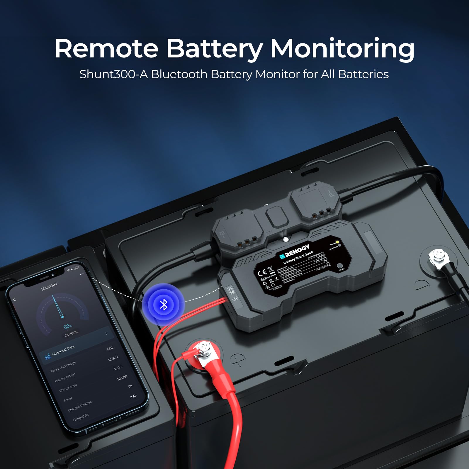 Renogy 300A Battery Monitor Shunt with LCD Display - Accurate Voltage & Current Tracking for RV, Marine, Solar Power Systems