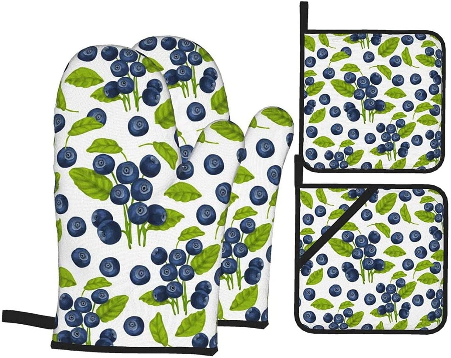 Blueberry Pattern Oven Mitts & Pot Holders Set - 4 Piece Heat Resistant Kitchen Baking Gloves for Cooking, Baking, BBQ & Grilling - Perfect for Home Kitchen & Outdoor Barbecue