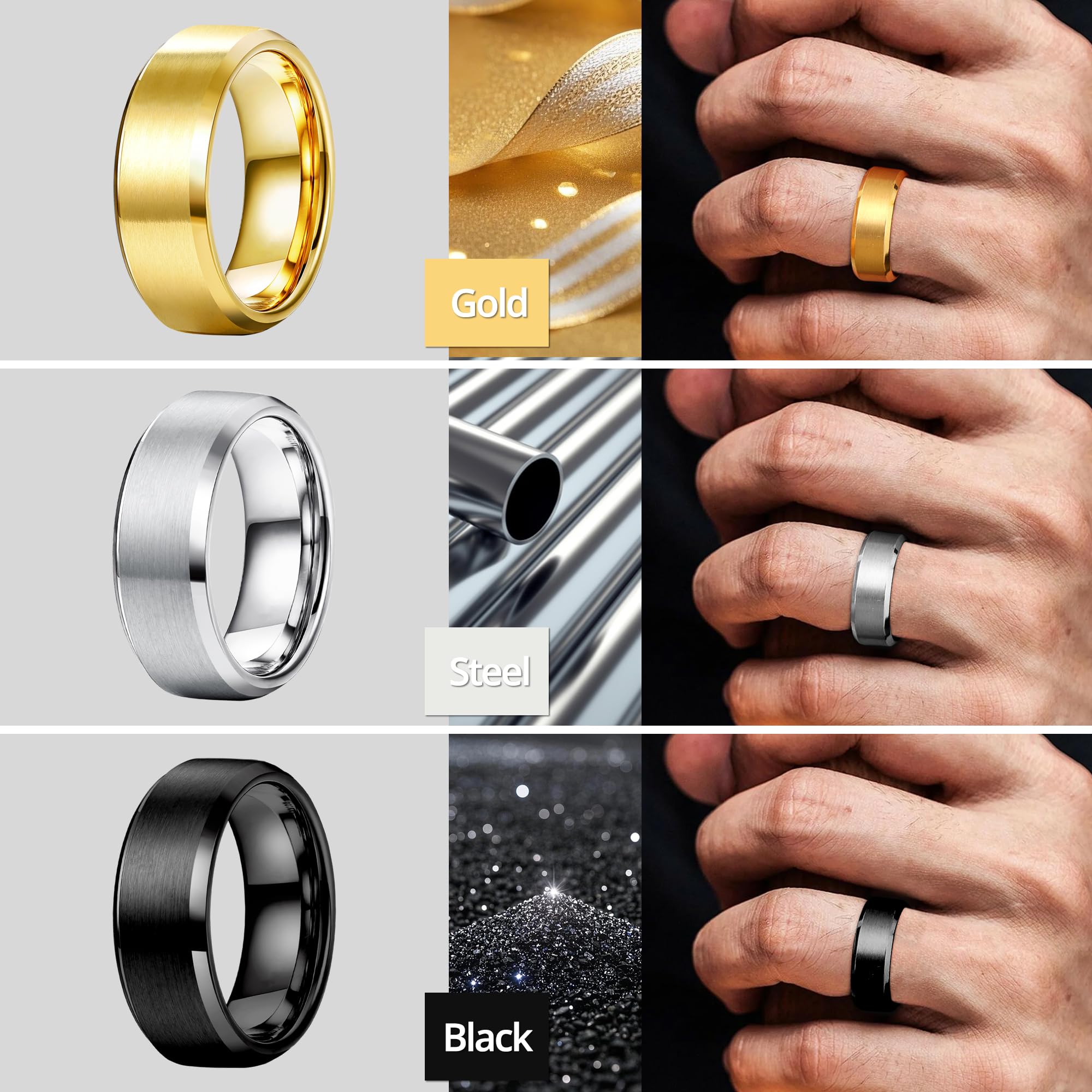Jstyle 8MM Stainless Steel Wedding Rings for Men - Cool Simple Band Set of 3 Rings | Durable & Hypoallergenic Men's Jewelry for Engagement, Anniversary & Everyday Wear