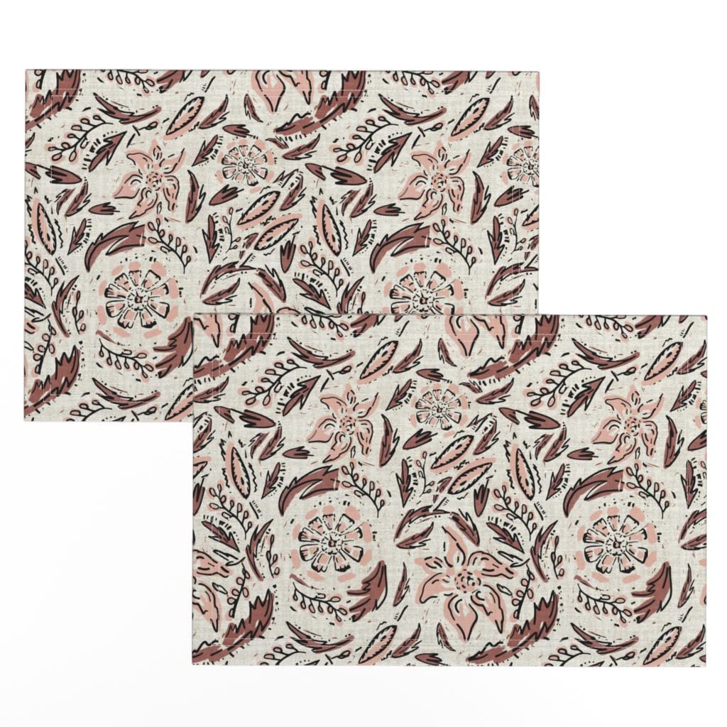 Floral Boho Leaf Print Linen Cotton Canvas Placemats (Set of 2) - Distressed Design for Dining Table Decor, Kitchen Table Setting, and Bohemian Home Style