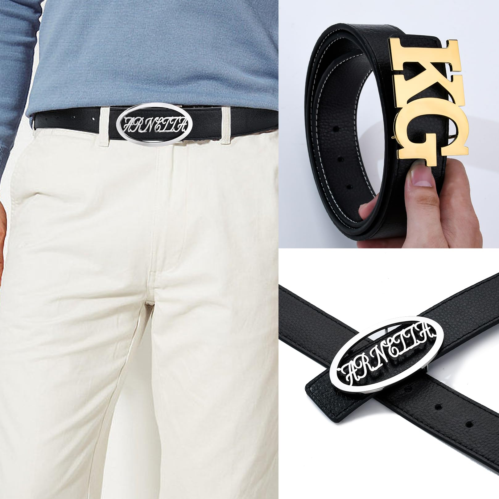 Custom Personalized Men's Leather Dress Belt with Name Buckle - Adjustable Belts for Dad & Husband - Perfect for Father's Day Gifts, Business Attire & Formal Occasions
