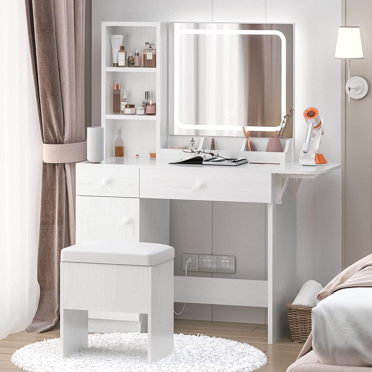 IRONCK White Vanity Desk with LED Lighted Mirror, Power Outlet & Storage Stool - Makeup Dressing Table with Drawers & Cabinet for Bedroom | Perfect for Beauty Routine, Cosmetics Organization & Home Decor