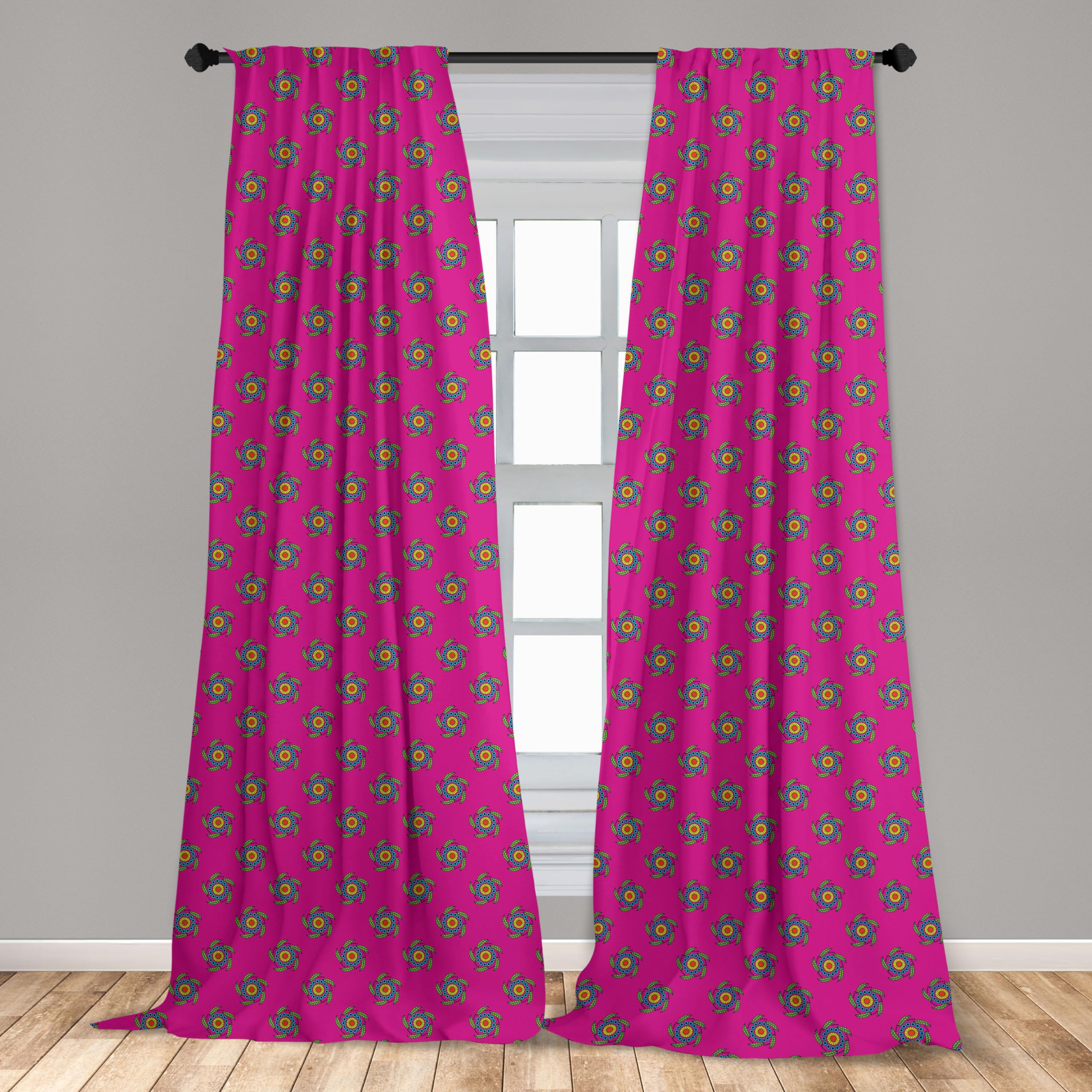 Ambesonne Ethnic Bohemian Curtains - Windmill Inspired Floral Leaf & Polka Dot Design, 2 Panel Set (28
