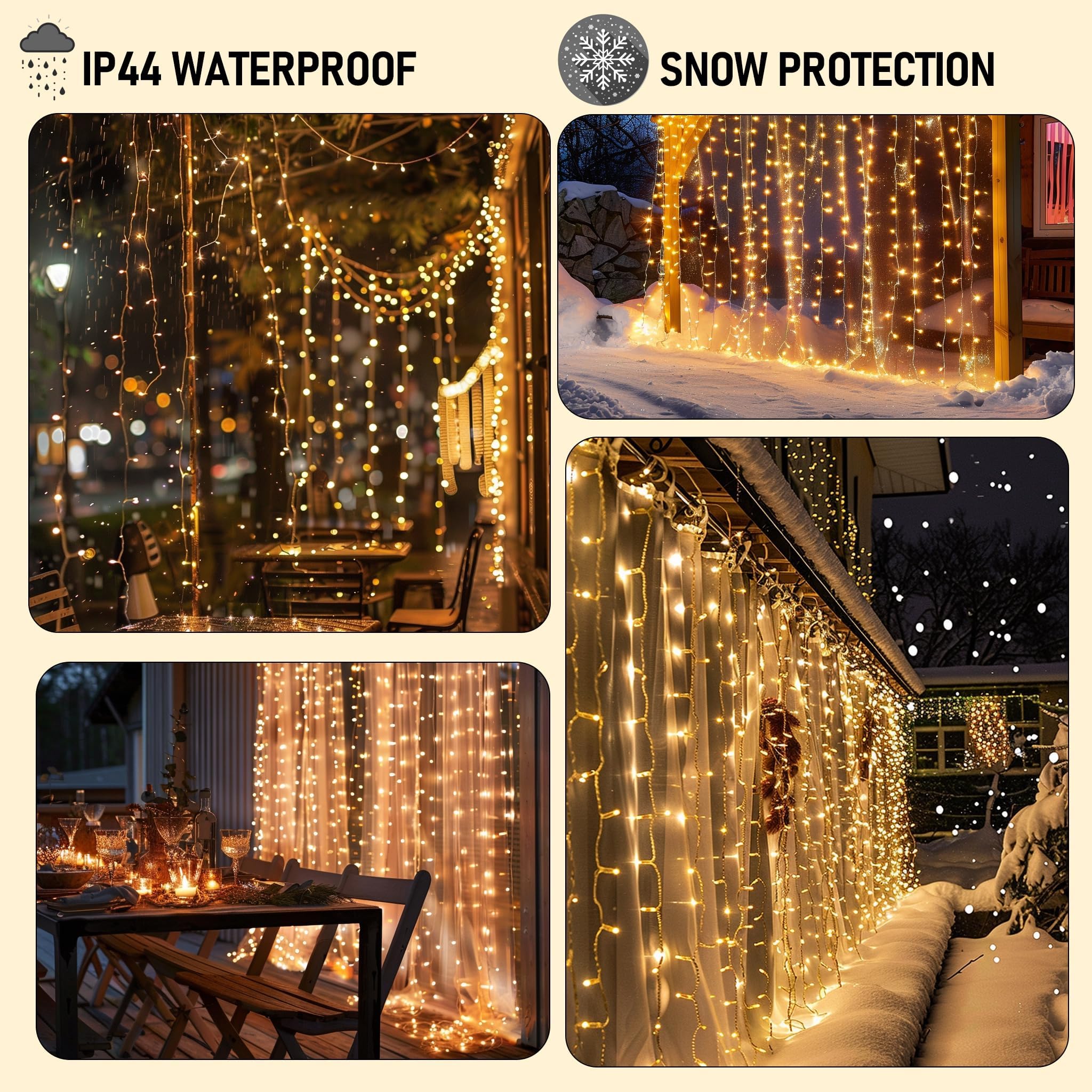 300 LED Fairy String Lights with 8 Lighting Modes - Waterproof Connectable Curtain Lights for Christmas, Bedroom, Wedding & Party Decor - Warm White Indoor/Outdoor Window & Wall Lighting