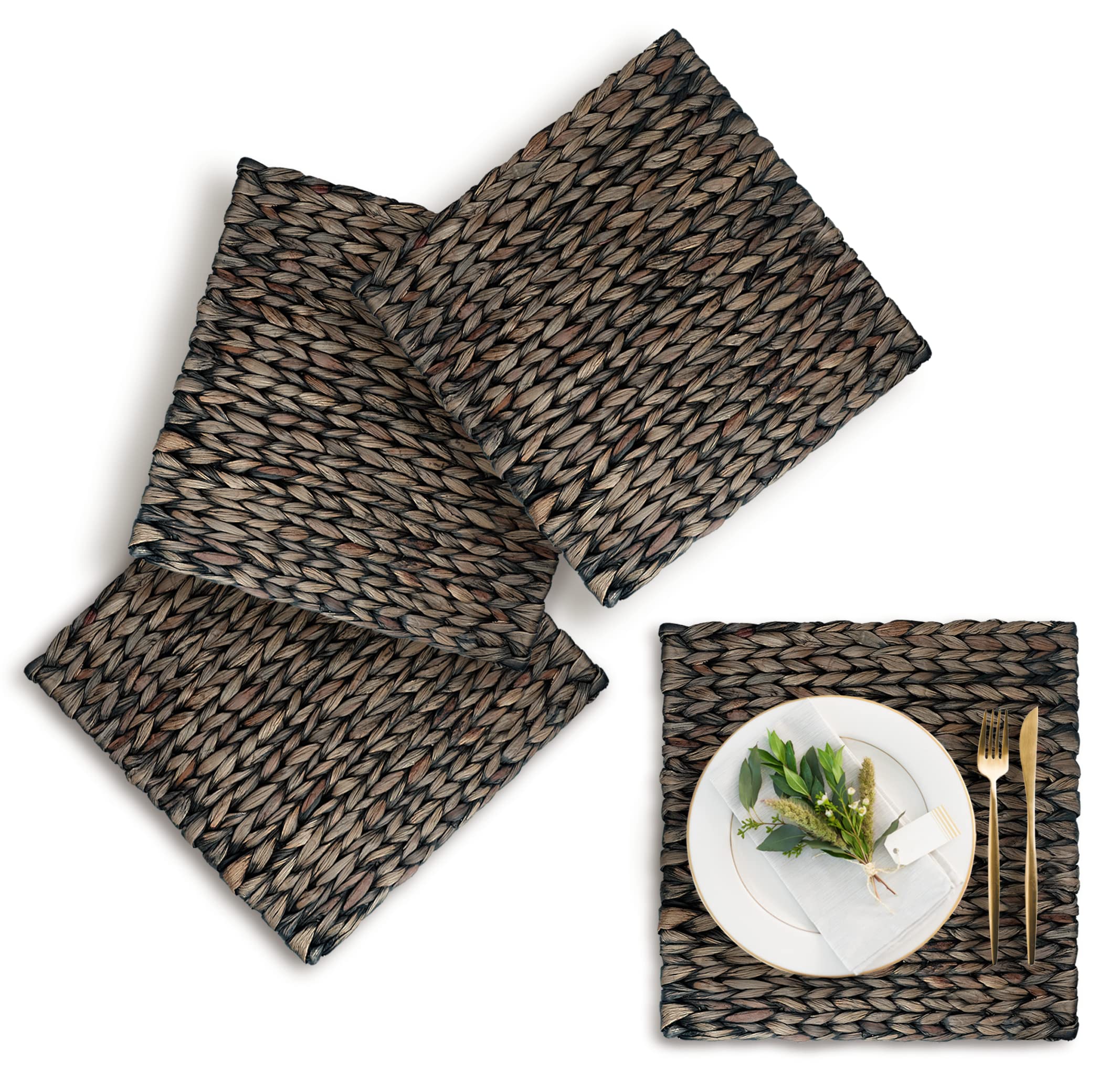Tagree 13x13 Inch Black Square Jute Placemats Set of 4 - Woven Farmhouse Style Table Mats for Dining Room Decor, Plate Chargers - Perfect for Rustic, Boho & Modern Home Decor (4-Pack, 13 Inch)