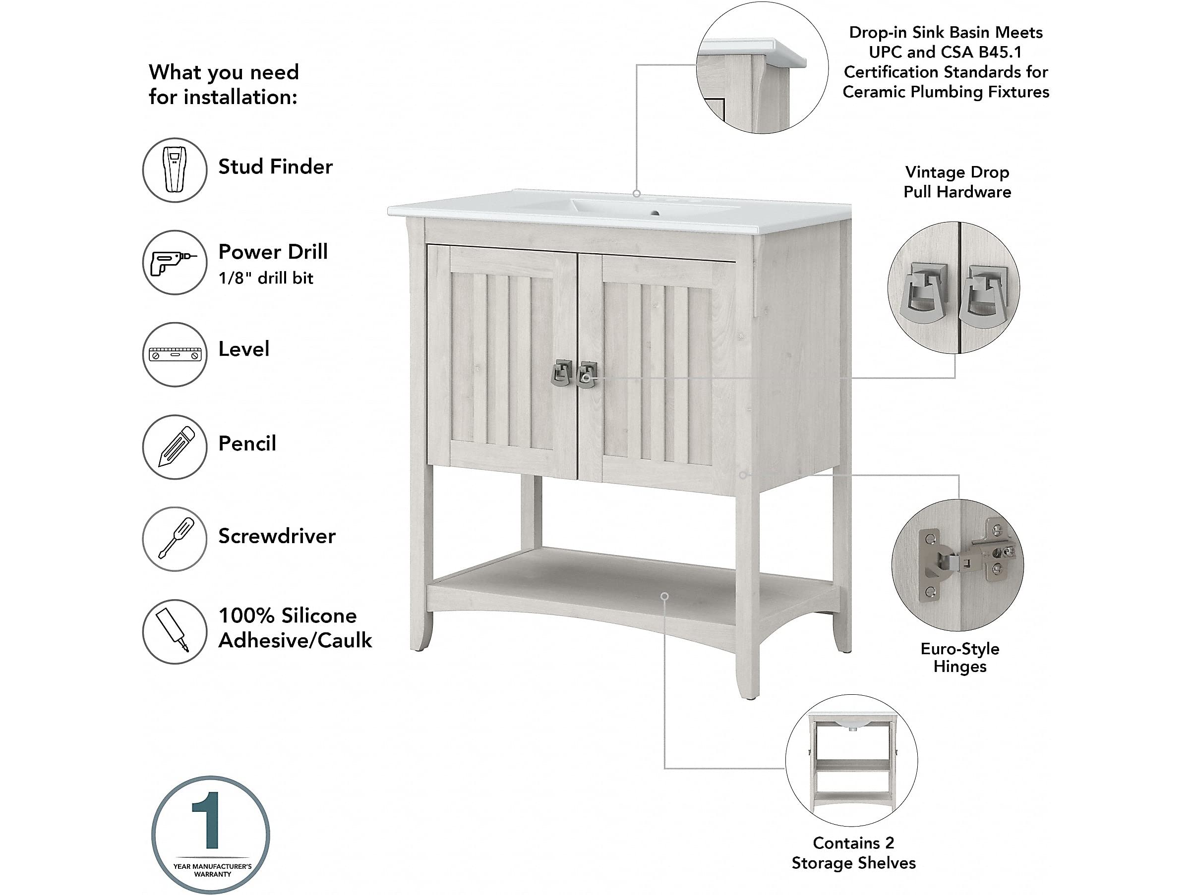 Bush Furniture Salinas 32-Inch White Oak Bathroom Vanity with Sink - Modern Linen Finish for Small Bathrooms & Powder Rooms | Perfect for Home Renovation & Space-Saving Storage
