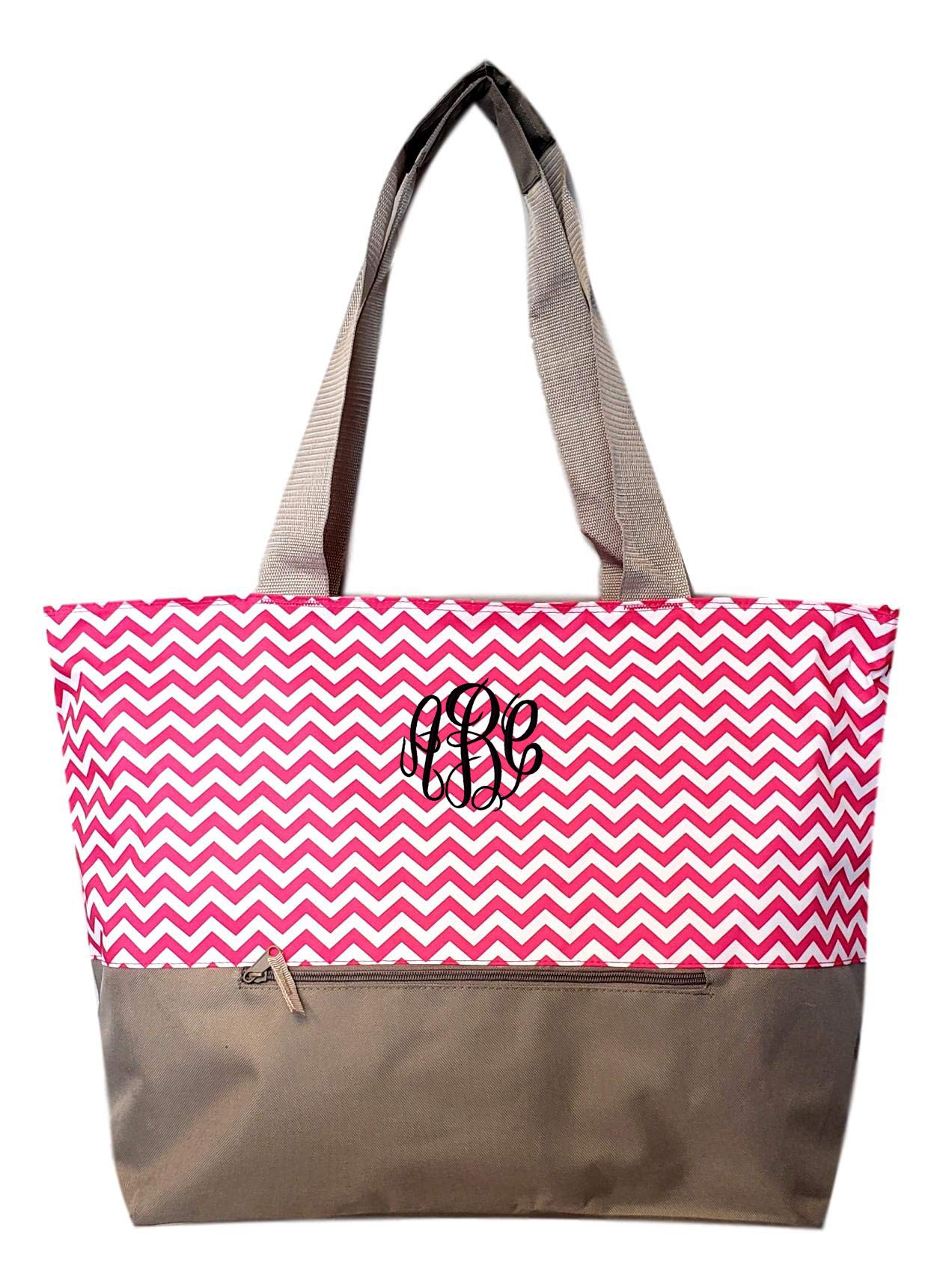 Personalized Monogrammed XL Beach Tote Bag - Chevron Print, Mesh Webbed Handles & Zippered Pocket - Perfect for Pool, Beach, Gym & Travel Accessories