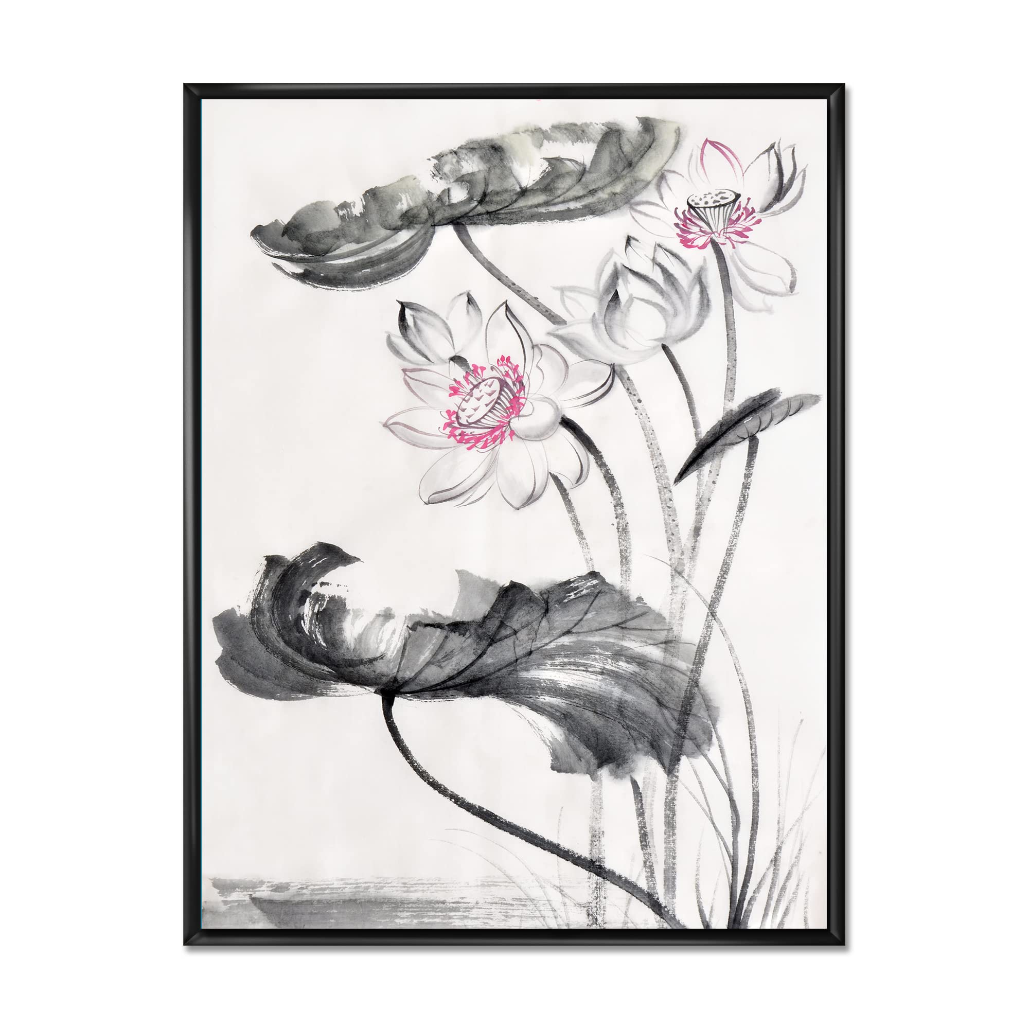 Vintage Lotus Flowers Framed Canvas Wall Art Print - Traditional Asian Home Decor for Living Room, Bedroom & Office