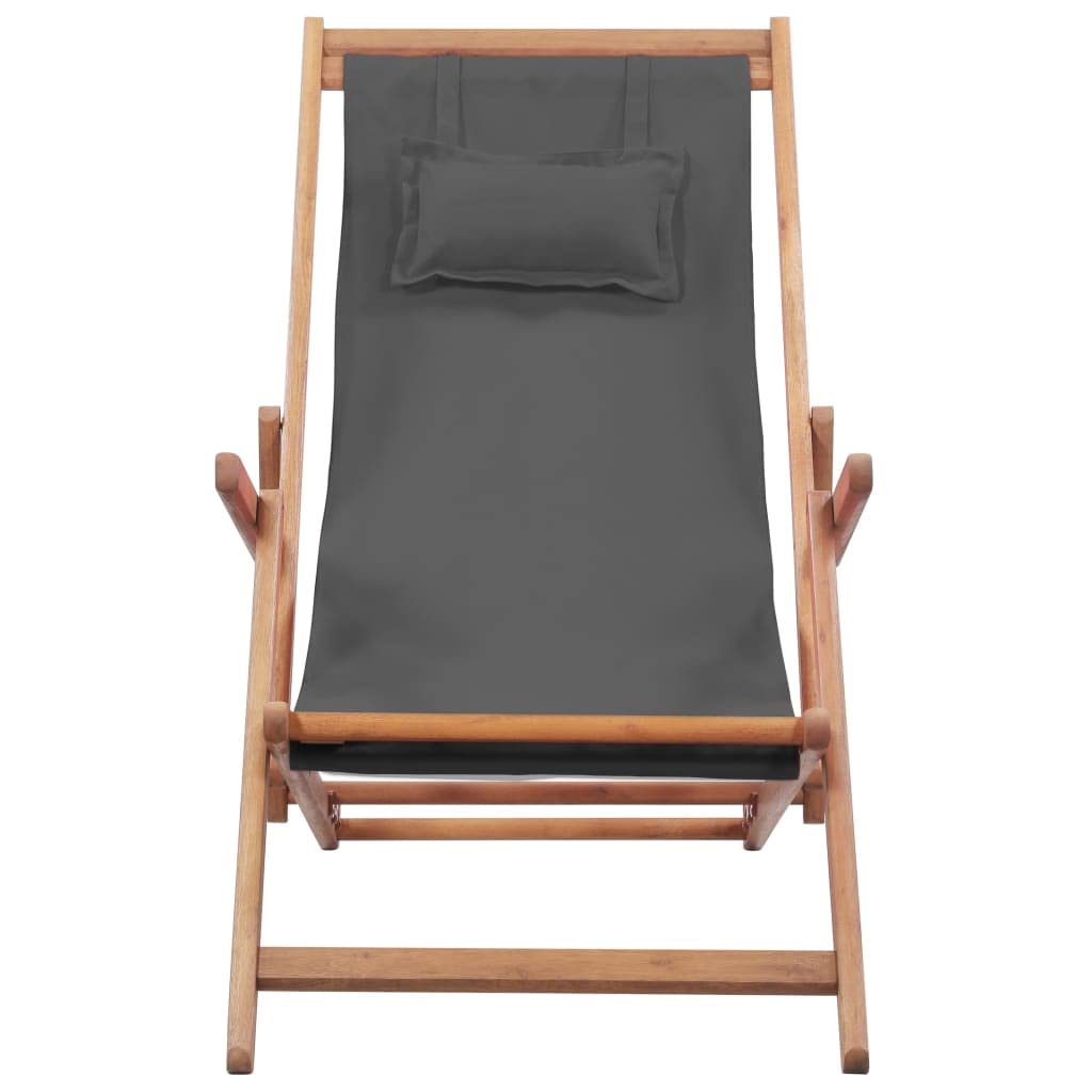 SKM Folding Beach Chair - Portable Wooden Frame with Gray Fabric - Lightweight & Compact for Outdoor, Camping, Picnics & Beach Relaxation